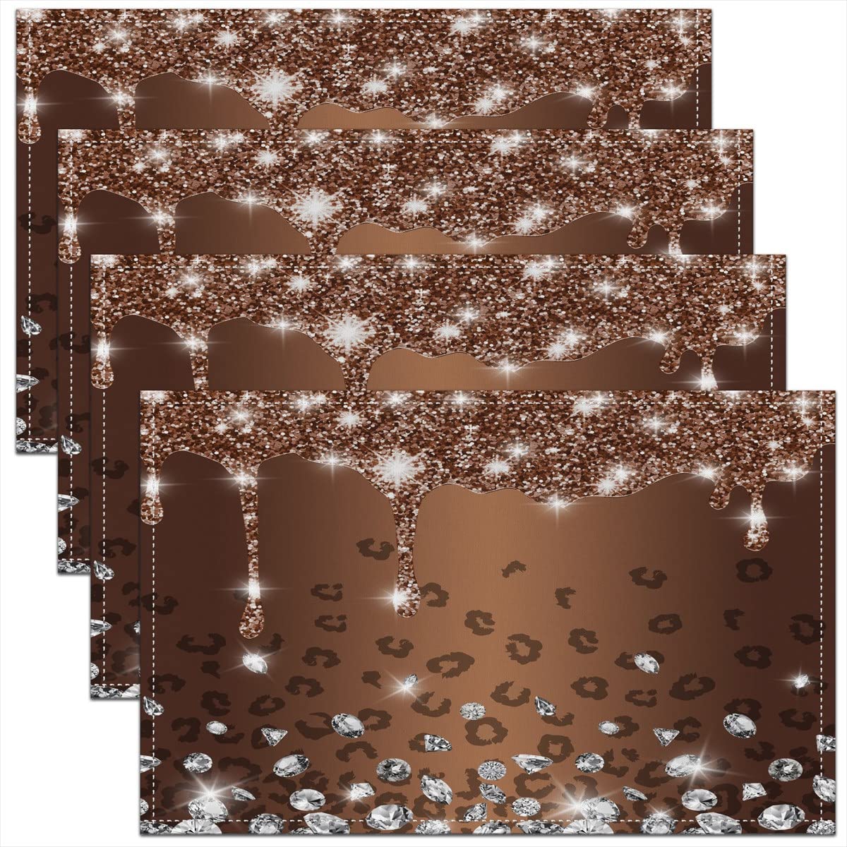 45x30cm Glitter Diamond Leopard Table Place Mats, Coffee Silver Shiny Animals Placemats Set of 4 Luxury Colorful Bling Placemat for Kitchen Dining Table Indoor Outdoor