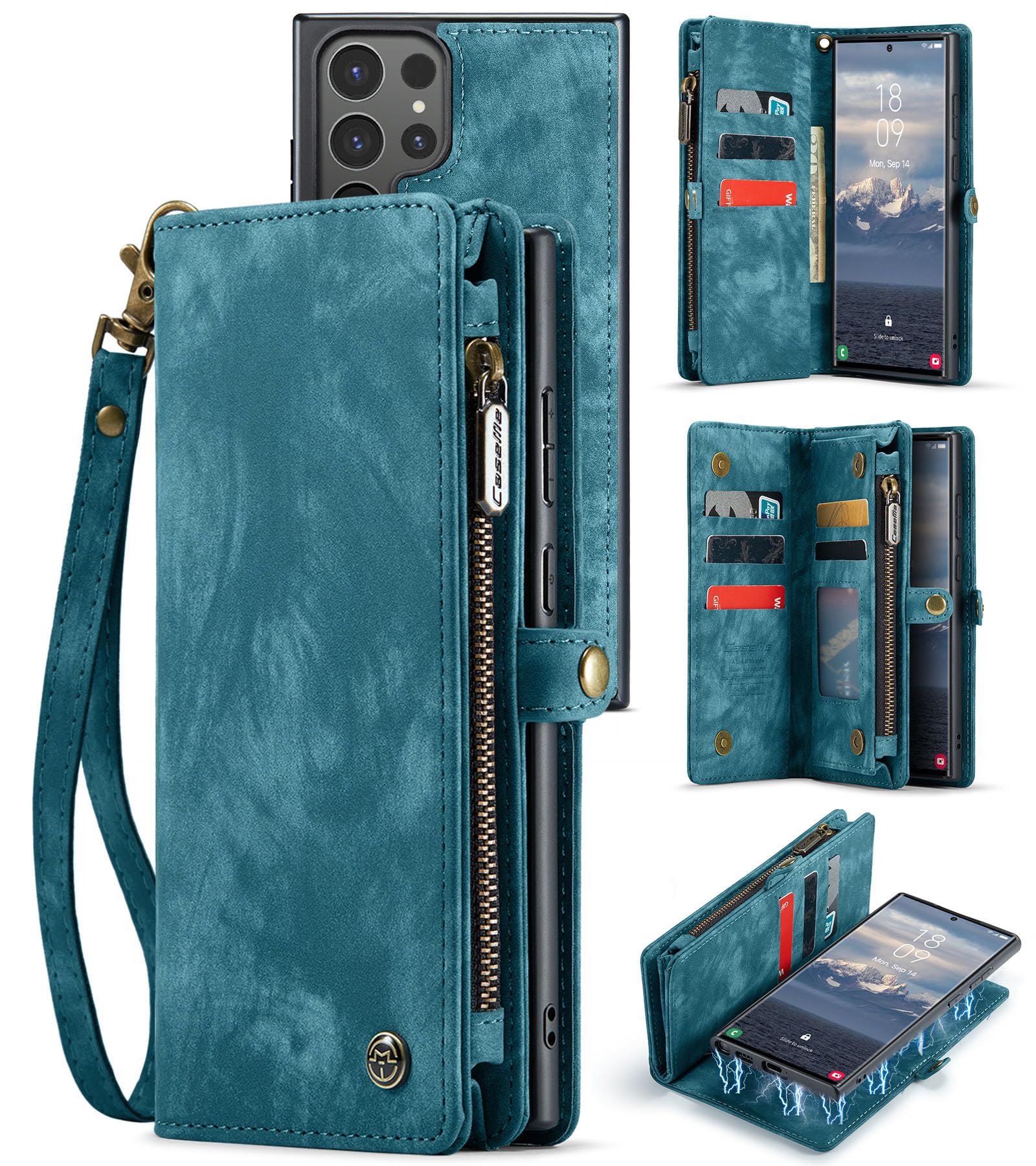 Hongxinyu Wallet Case Compatible with Samsung Galaxy S25 Ultra, Zipper Purse Leather Wallet with Magnetic Detachable Shockproof TPU Bumper Phone Case,