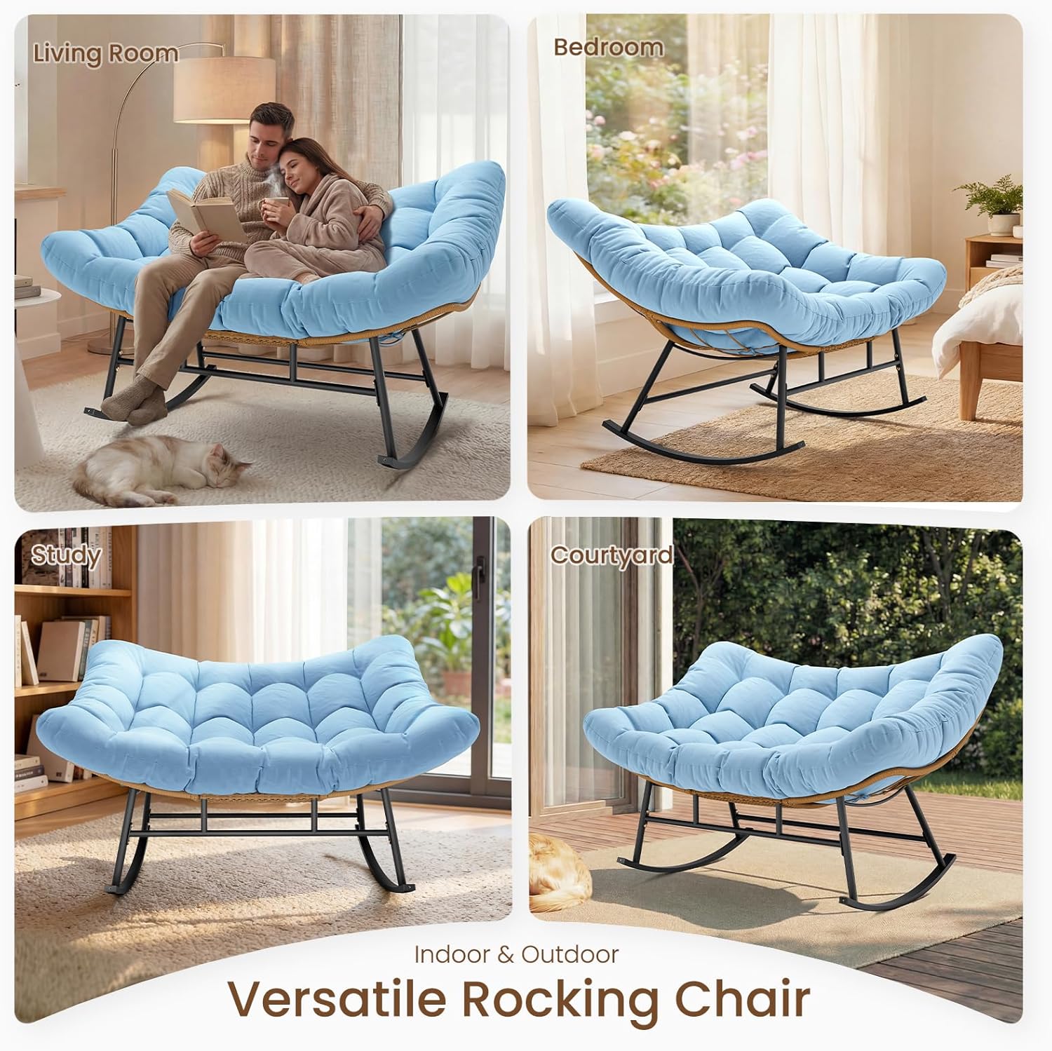 Sikaic Oversized Double Outdoor Papasan Rocking Chair, Egg Rocker with High Back Water Resistant Cushion, Rustproof & UV Resistant PE Wicker Patio Chair for Porch, Garden, Living Room, Sky Blue