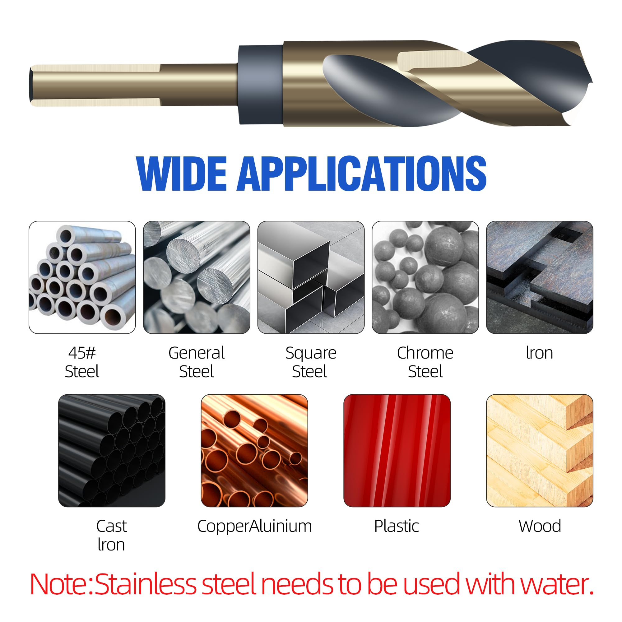 HUHAO Bohrer-Bit-Set mit reduziertem Schaft, 8 Größen von 9/16 Zoll bis 2,5 cm, HSS 4341 für robustes Metall und Stahl, 10 mm und 1/2-Zoll-Schaft, schwarzes Nitrid und goldfarbene Titanbeschichtung