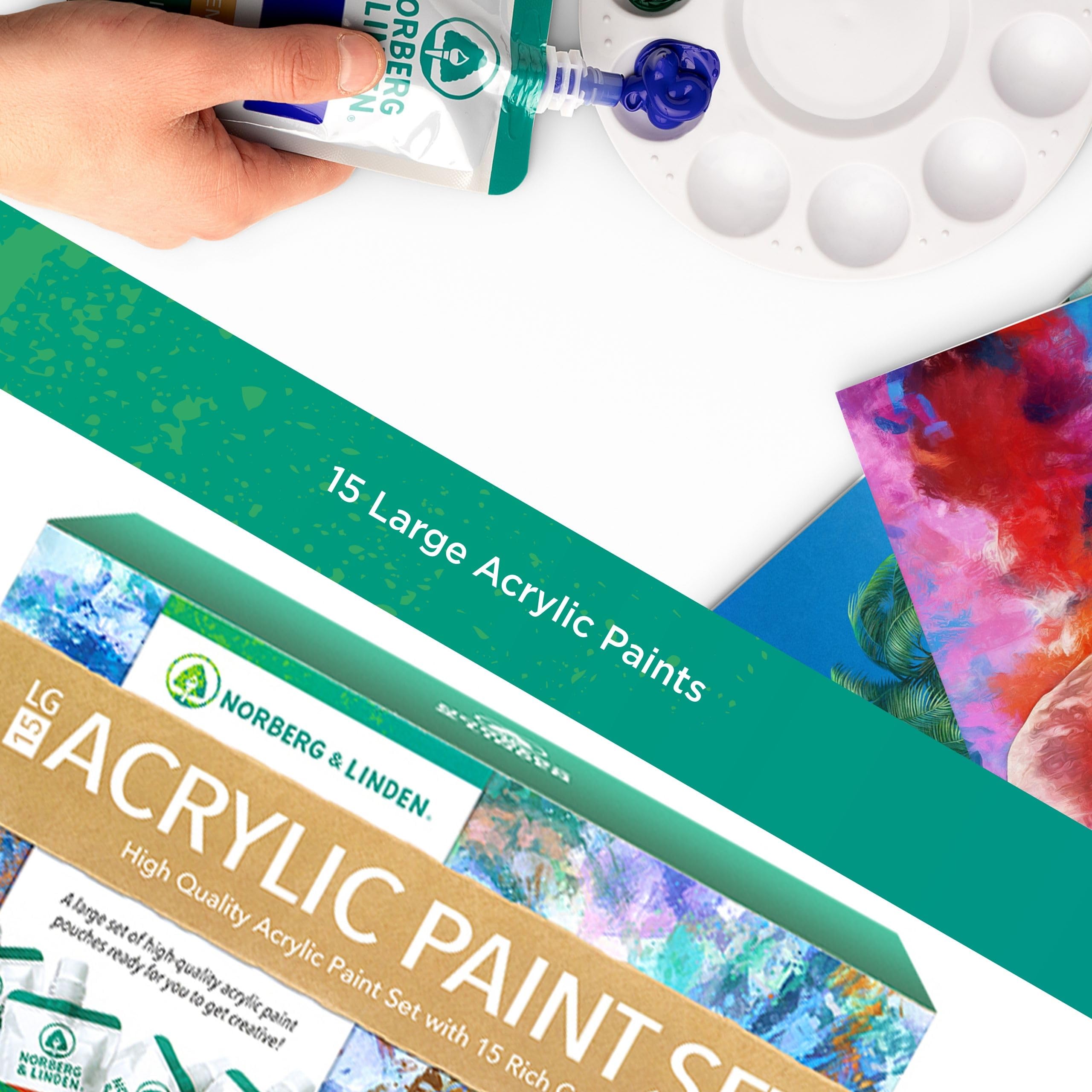 Norberg & Linden Hochwertiges Acrylfarben-Set LG15, Große Tuben mit Pigmentfarbe, einfach mischen, Färb- Bastelzubehör für Künstler, 15 Tuben 120 ml