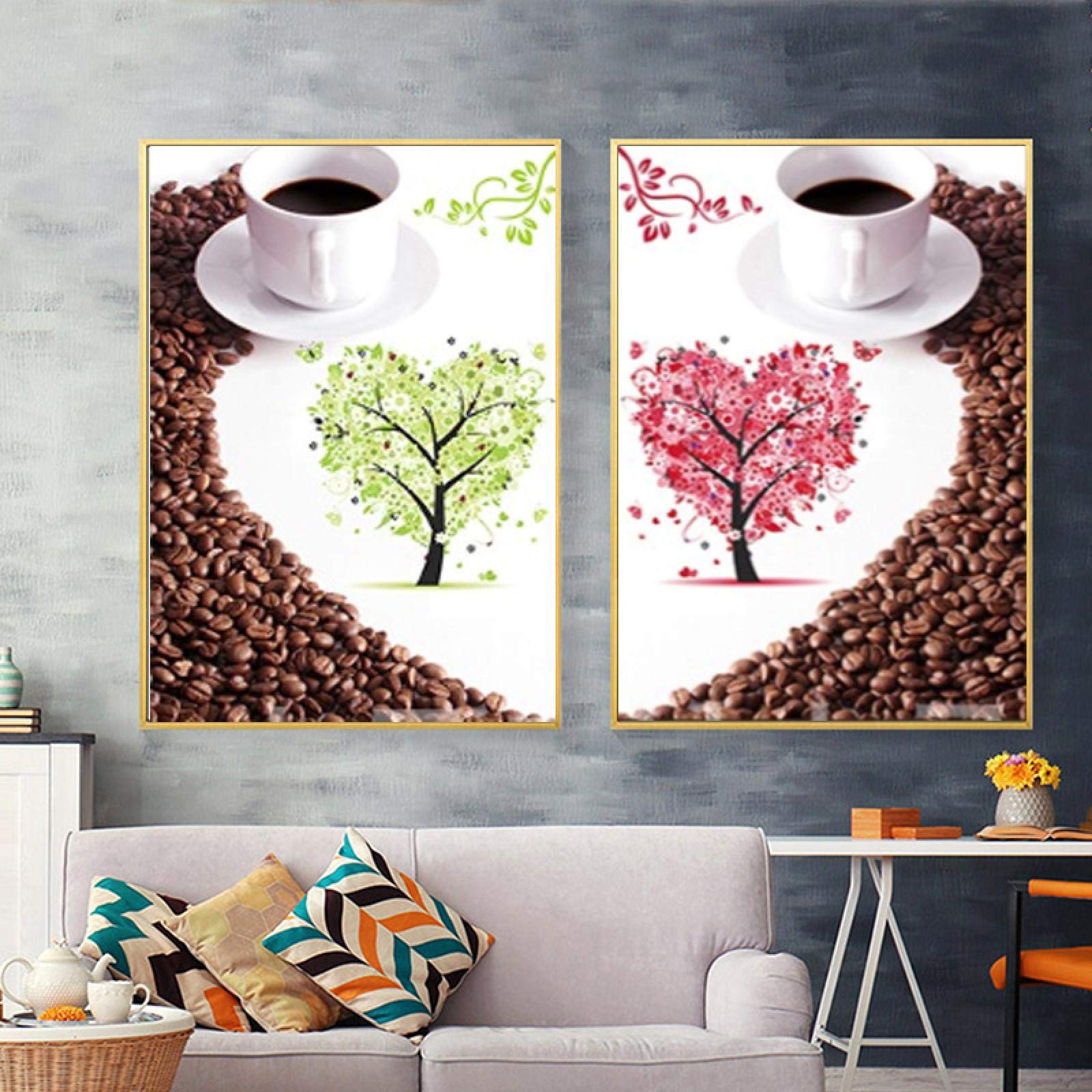 Yooyu Carteles e impresiones modernos Arte de la pared Pintura en lienzo Grano de café Corazón Cartel para la decoración del restaurante Decoración del café 60x80cm (24x32in) x2 con marco