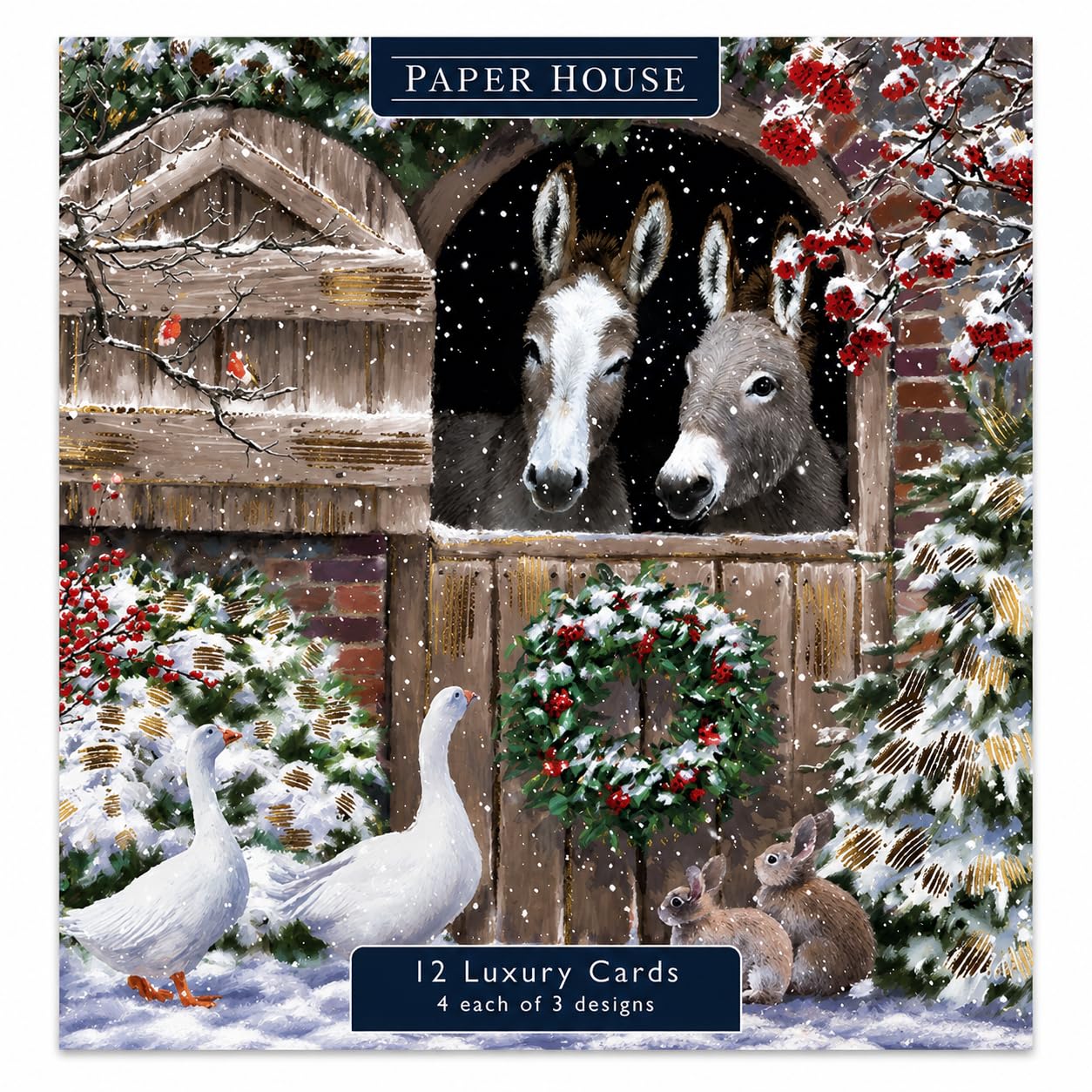 Great British Card Company Paper House Luxury Christmas Cards – Pack of 12 Festive Animal Christmas Cards