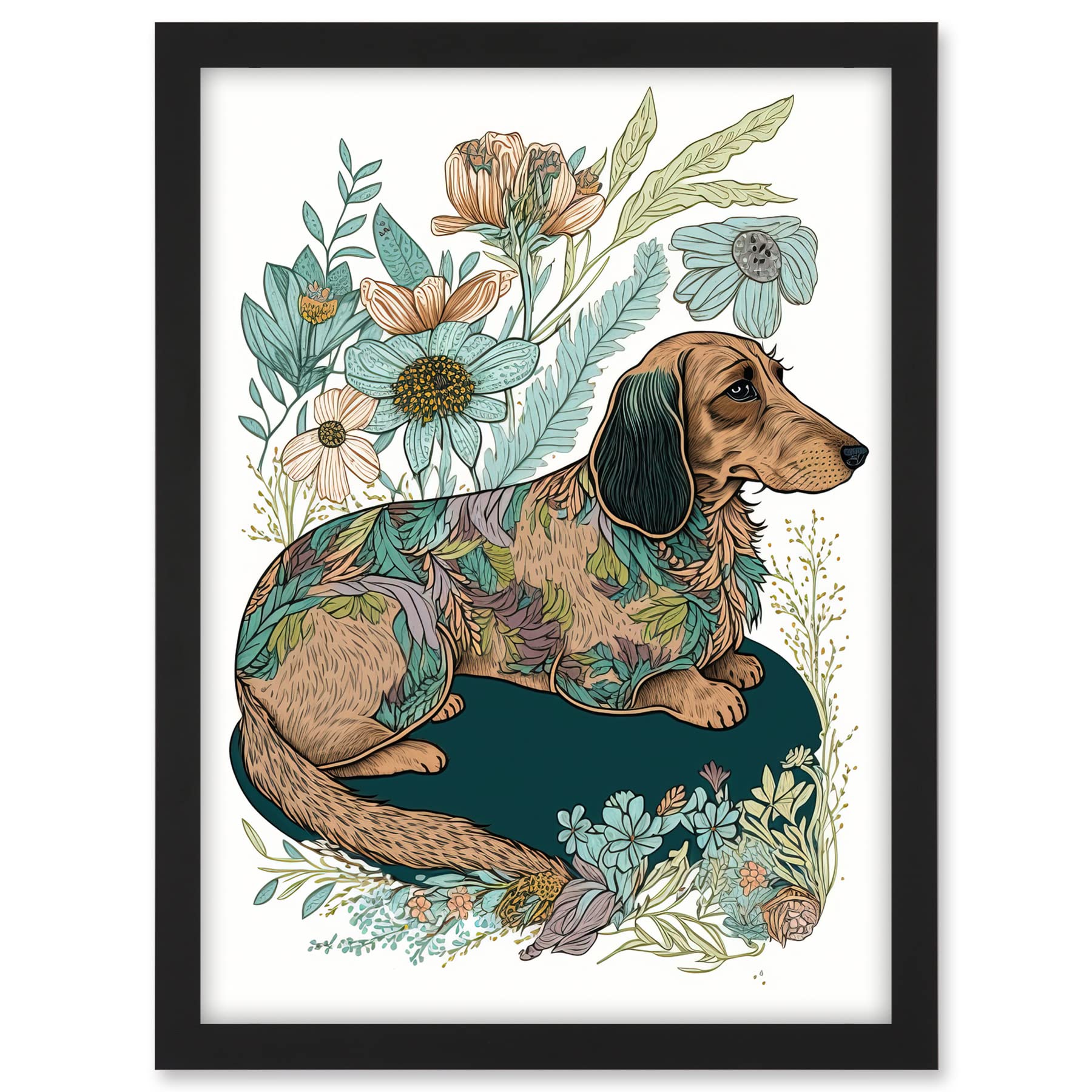 Artery8 Multicoloured Fur Dachshund Dog with Spring Flowers Modern Watercolour Illustration Artwork Framed A3 Wall Art Print