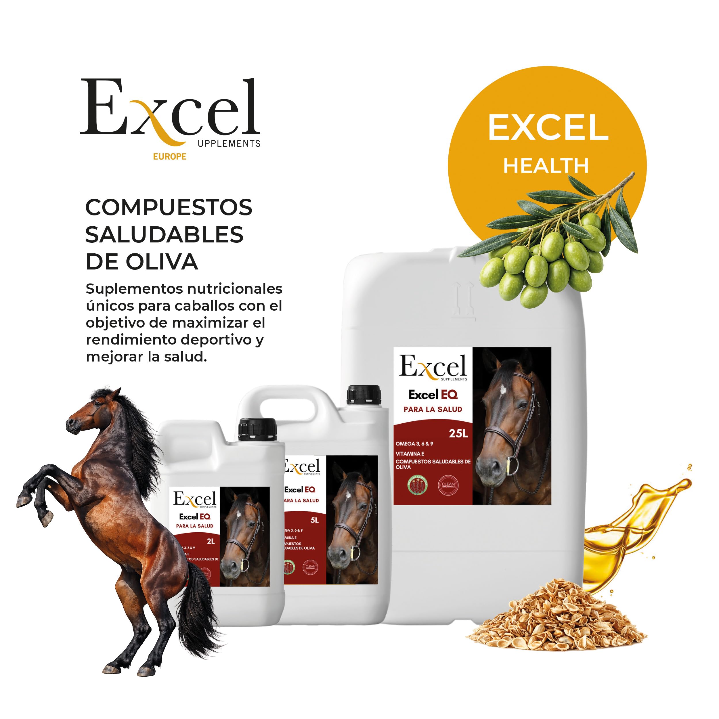 Excel Aceite para Caballos EQ 2 litros - Aceite de Camelina Omega 3 6 9 - Suplemento Alimenticio para Brillo Natural y Cuidado del Pelaje - Ayuda Piel - Recuperador Muscular - Articulaciones sanas