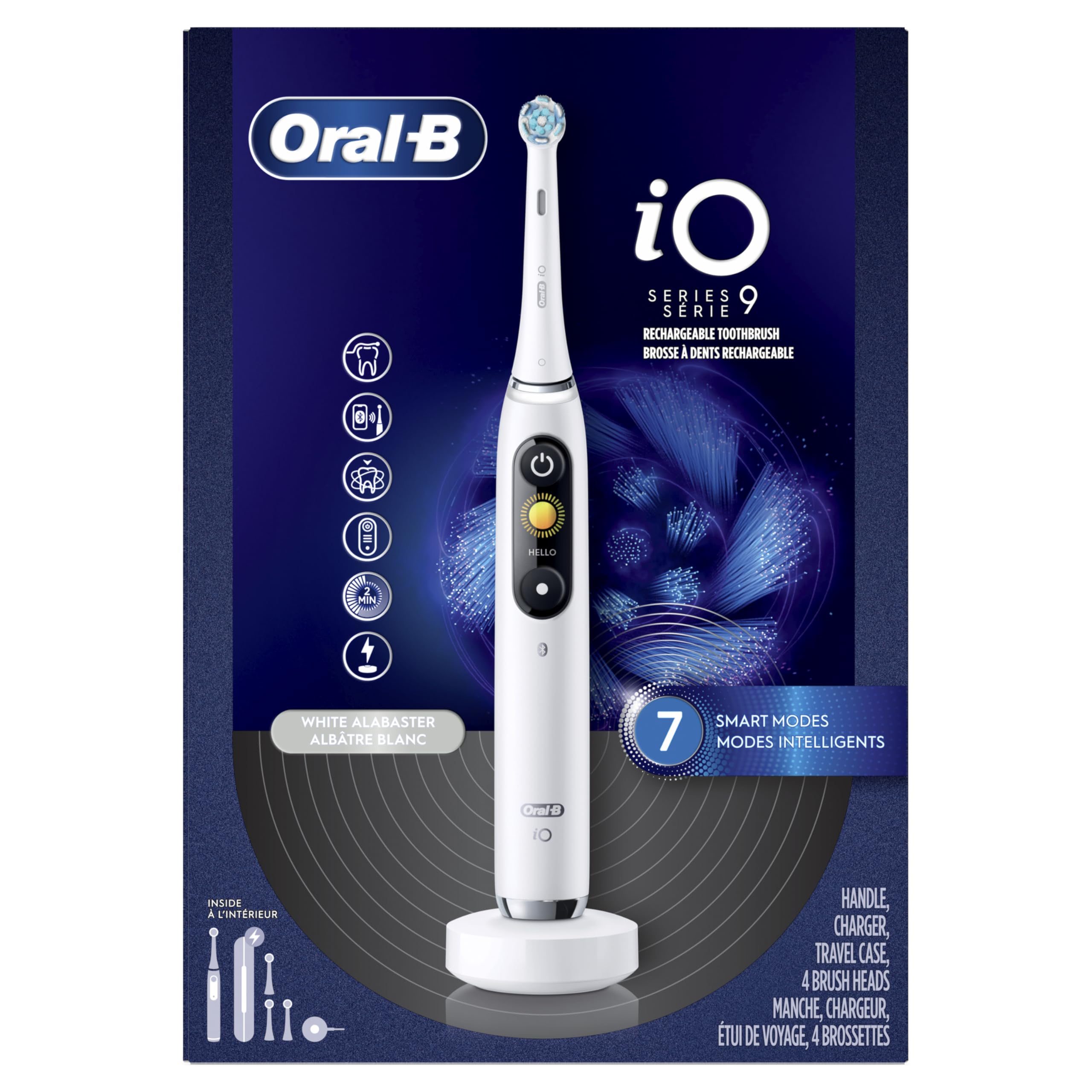 Oral-B iO Series 9 - Cepillo de dientes eléctrico con 4 cabezales de cepillo de repuesto, alabastro blanco
