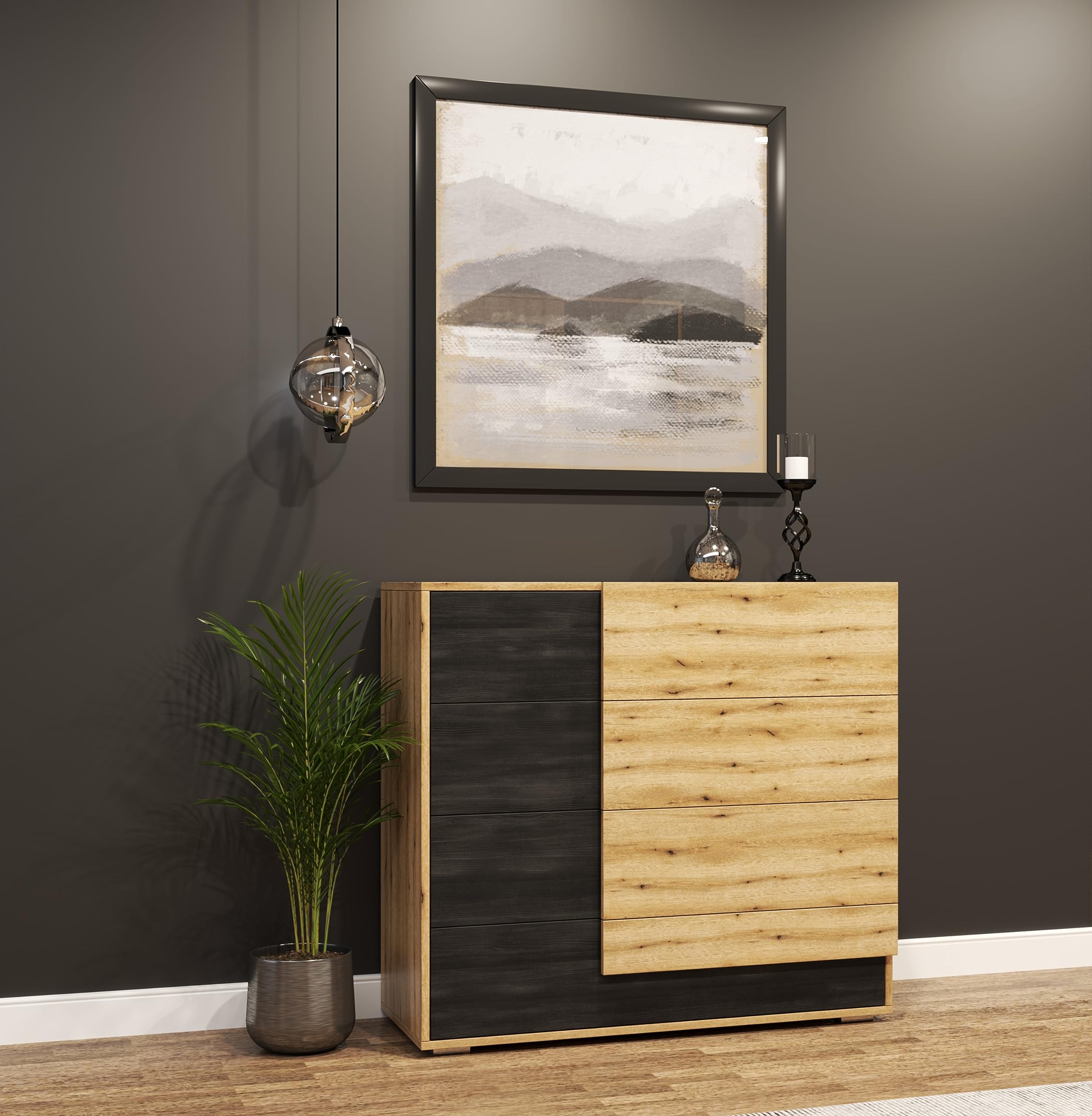 Fabryka Mebli Idźczak Schlafzimmer-Set Bafra Bettgestell - Doppelbett Ehebett mit Superb-Matratze - Kleiderschrank mit Spiegel, Nachttisch, Kommode - Artisan Eiche/Schwarze Norwegische Kiefer