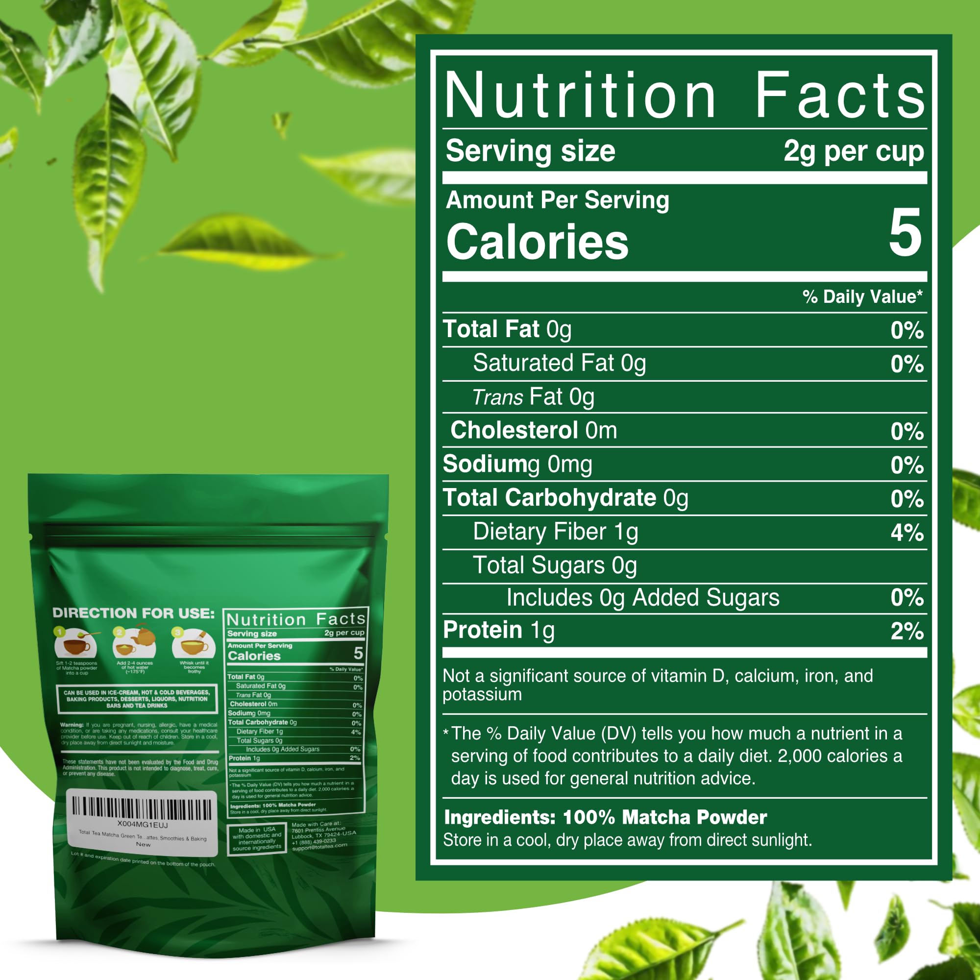 Organic Matcha Green Tea Powder 1lb Certified USDA Organic Powder for Matcha Latte Tea and Smoothies Kosher Non-Gmo — view 2