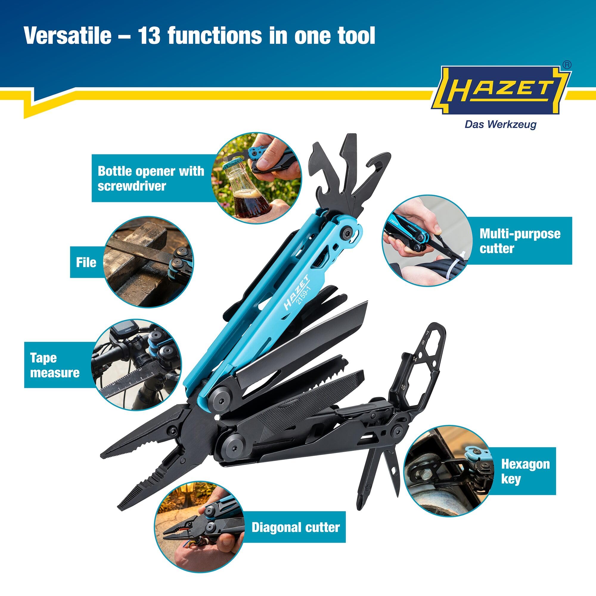 HAZET Multitool 2159-1, 13-en-1, acier inoxydable, avec pince à bec effilé, couteau, scie, tournevis, clé hexagonale, ciseaux, clip de ceinture, y compris étui de ceinture robuste