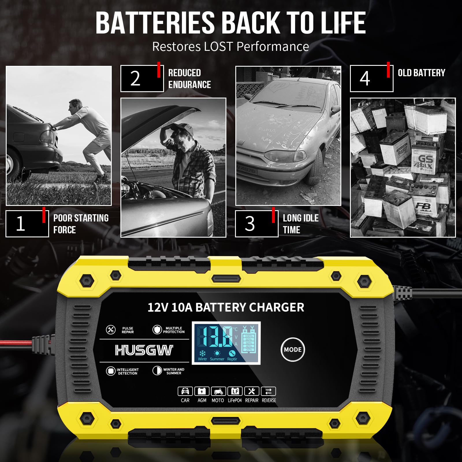 Chargeur Batterie Lithium 12V10A, Maintien de Charge Batterie Voiture avec Réparation Auto, LiFePO4 Battery Charger Intelligent avec Écran LCD, pour Voiture/Moto/Camion/AGM/Gel/Wet/SLA