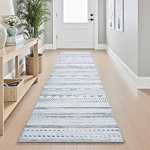 2x10 Runner Rug Machine Washable Non Slip Area Rug Distressed Neutral Moroccan Boho Rug Ultra Soft Floor Runners for Hallways for Entryway Laundry Room Kitchen, Blue