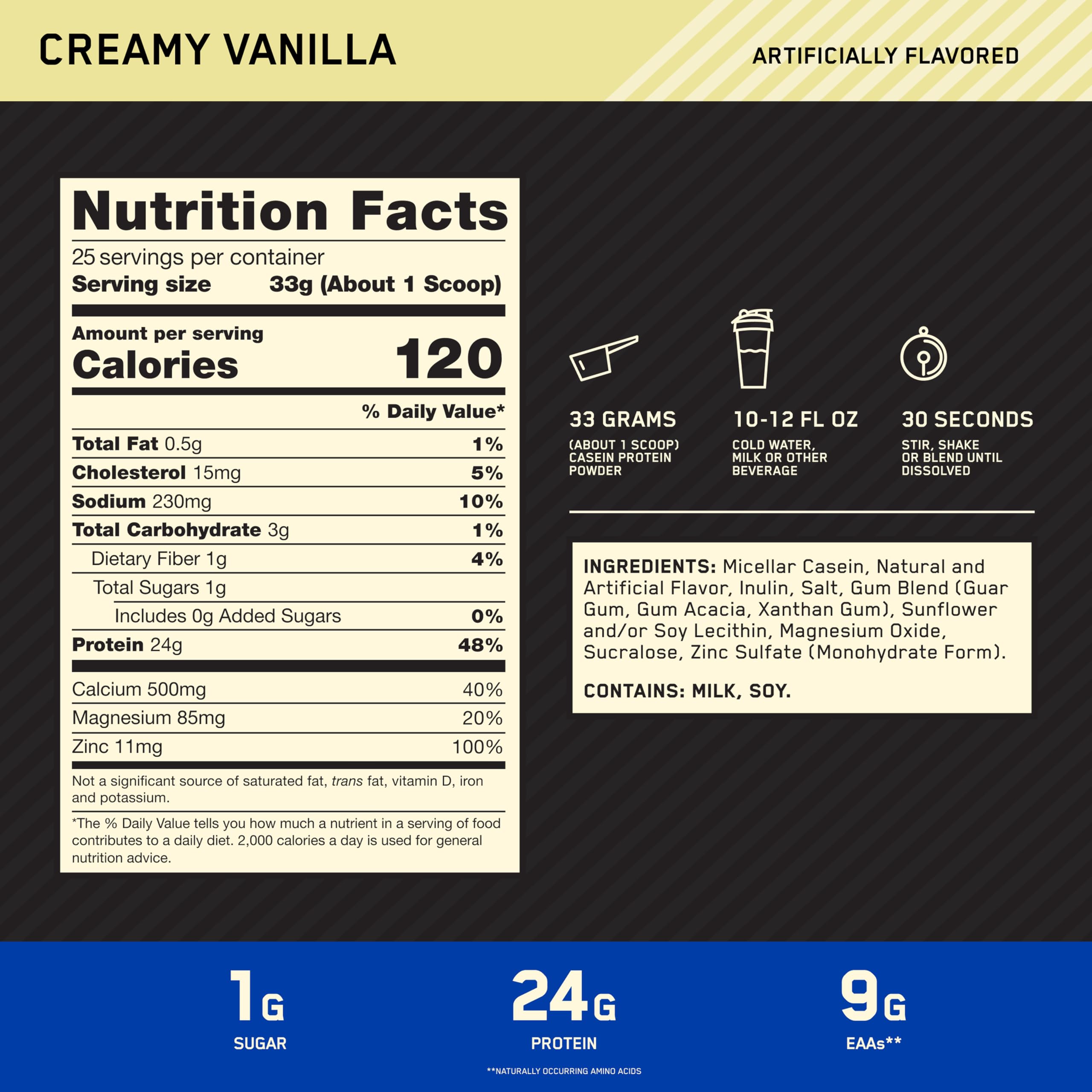 Optimum Nutrition Gold Standard 100% Proteine Caseina in Polvere, Gusto Vaniglia Cremosa, 924g, 28 Porzioni