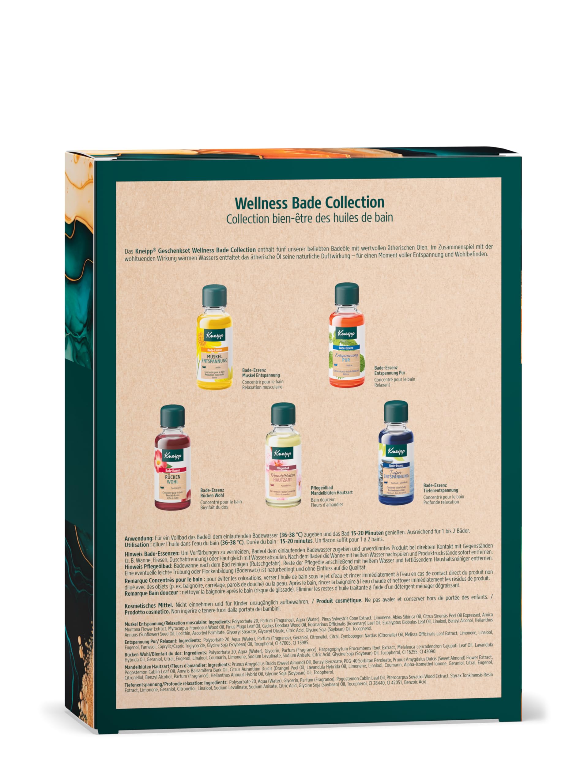 Kneipp Zestaw upominkowy Wellness Bade Collection – opakowanie prezentowe z 5 popularnymi olejkami do kąpieli firmy Kneipp – na chwilę pełnego relaksu i dobrego samopoczucia – 5 x 20 ml – rozmiary