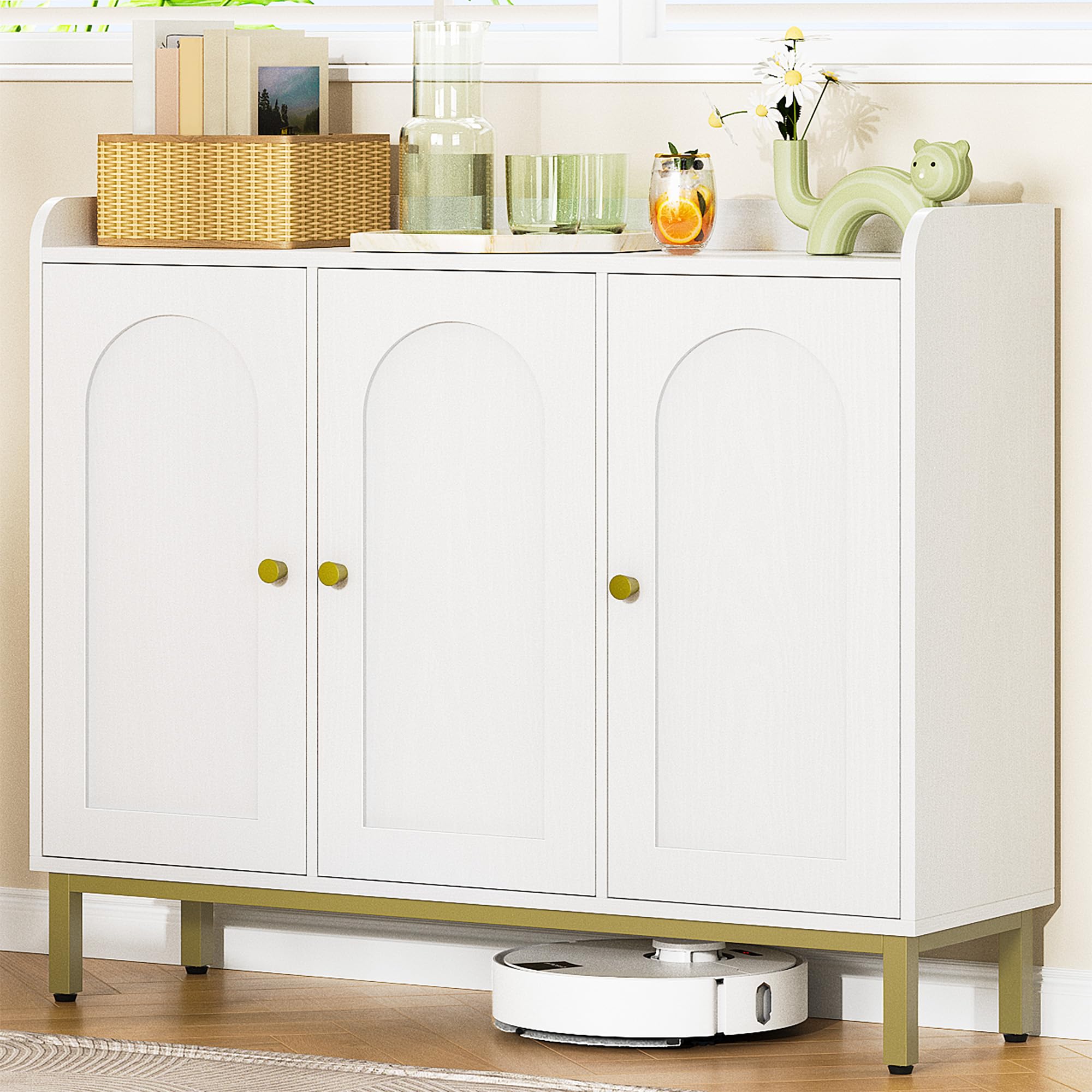 Hzuaneri Aparador, Gabinete de Almacenamiento con 3 Puertas, Aparador Multifuncional con Estantes Ajustables, Mueble baño, para Sala de Estar, Cocina, 30 x 100 x 80,5 cm, Blanco SC21313G