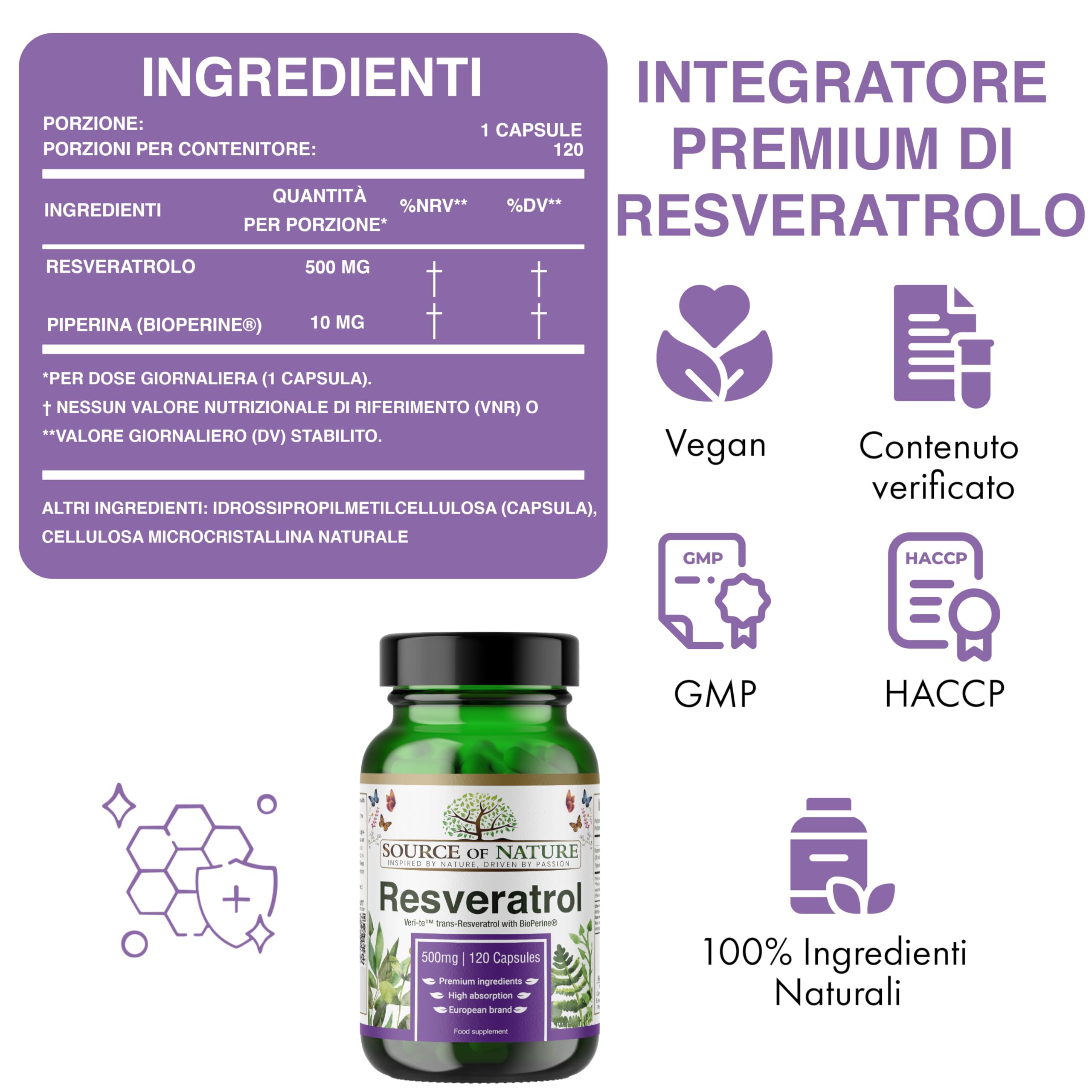 Trans-Resveratrolo 500 mg | 120 capsule vegane | Alta dose | Purezza 98% | Fermentato naturalmente | Con piperina | Testato in laboratorio | Qualità premium
