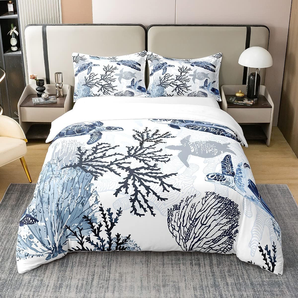 Housse de couette tortue 220x240 cm en coton blanc et bleu Homewish
