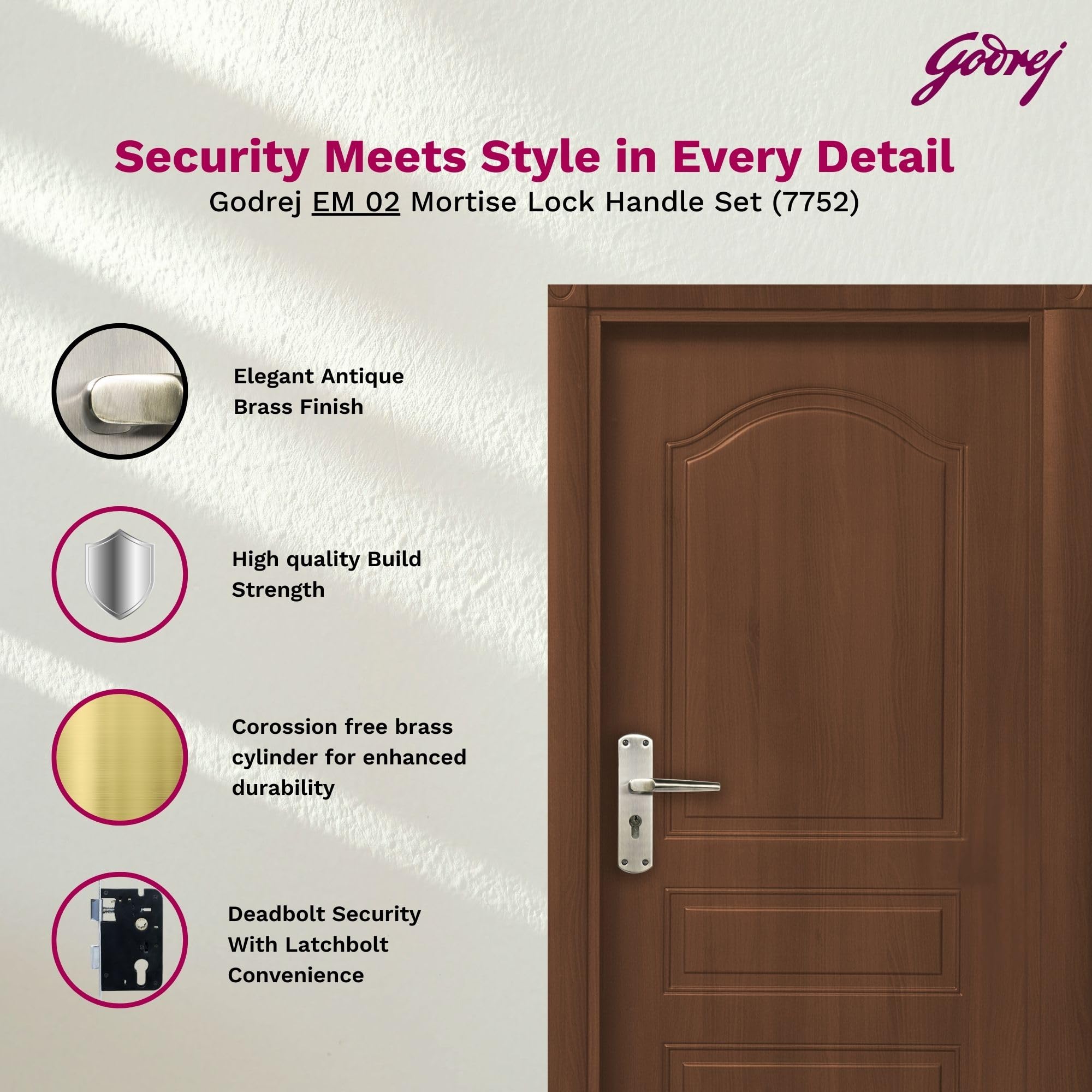 Godrej Mortise Lock I Handle Set 1CK EM01 I Antique Brass Finish I Pin Cylinder Technology I 3 Keys I Double Throw I 5" Handle I Left/Right Handed Door Operation I 1 Year Warranty — Amazon image 3