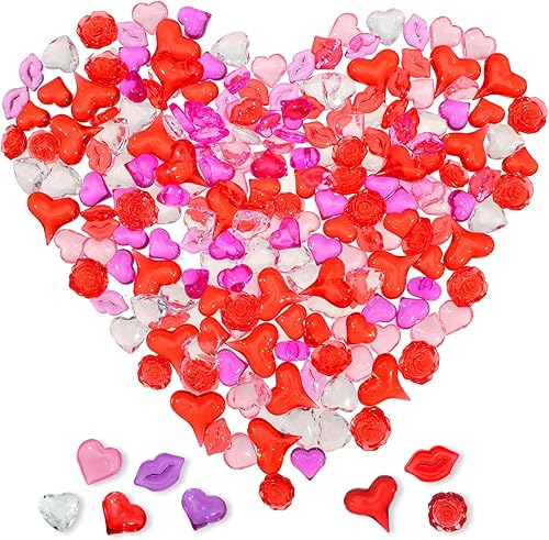Menkxi 200 piezas de flores de labios para el día de San Valentín, mini adornos de corazón acrílico, corazones acrílicos rosados y rojos para el día