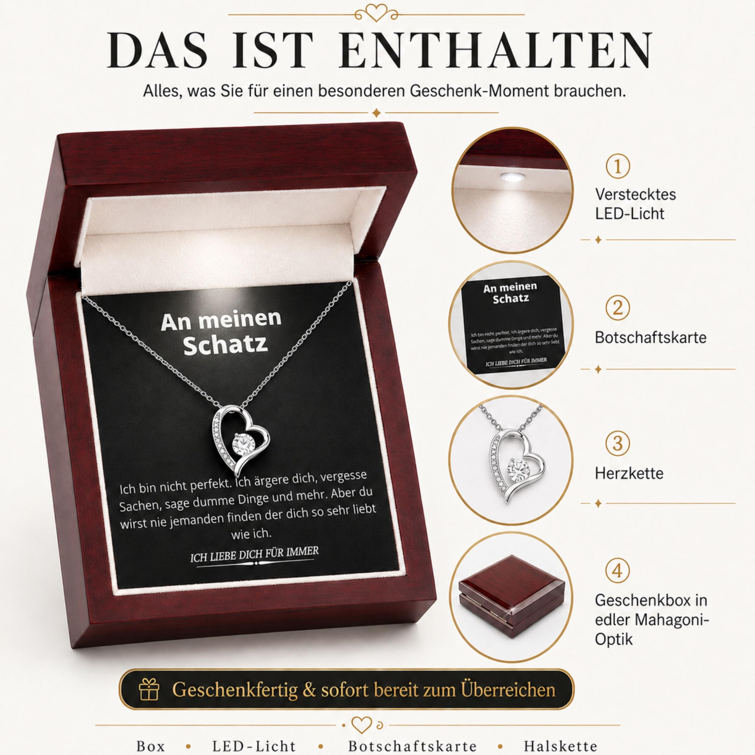 Herz Kette Damen - Geburtstagsgeschenk für Frauen, Geschenke für Freundin, 30. 40. 60 Geburtstaggeschenke mit LED Geschenkbox, Jahrestag Geschenk für Sie
