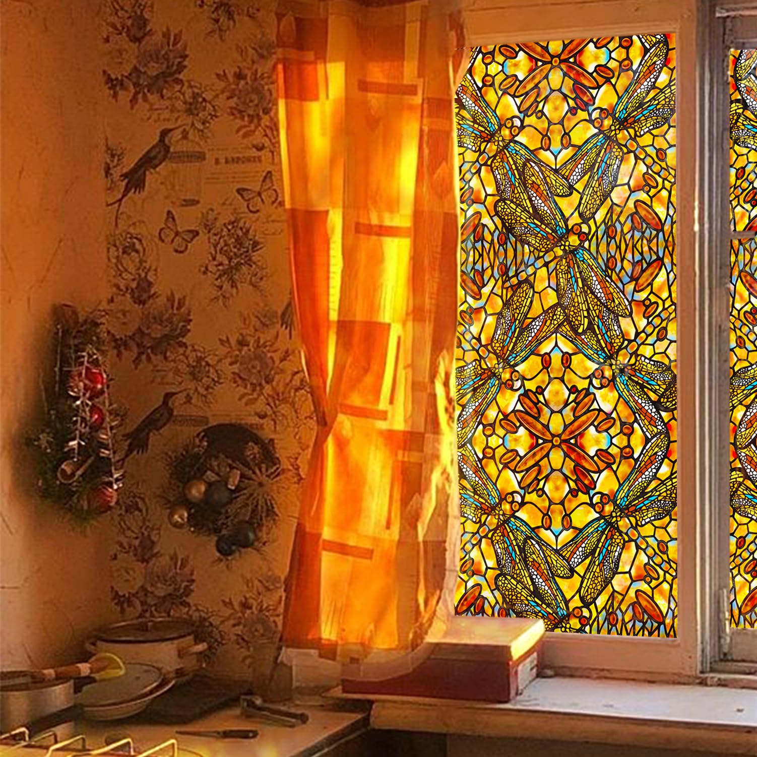 funlife Original Hand Drawn Double-Sided Privacy Dragonfly Stained Glass Window Film, Removable Frosted Texture Static Window Cling Glass Covering Window Decor, Autumn Boho Dragonfly 16.9