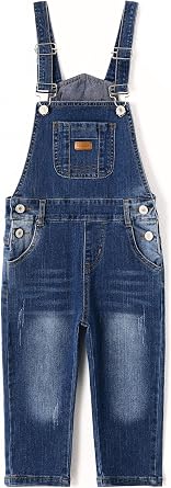 KIDSCOOL Toddler Girls Ripped Denim Overalls Leather Patch Jeans Jumpsuit
