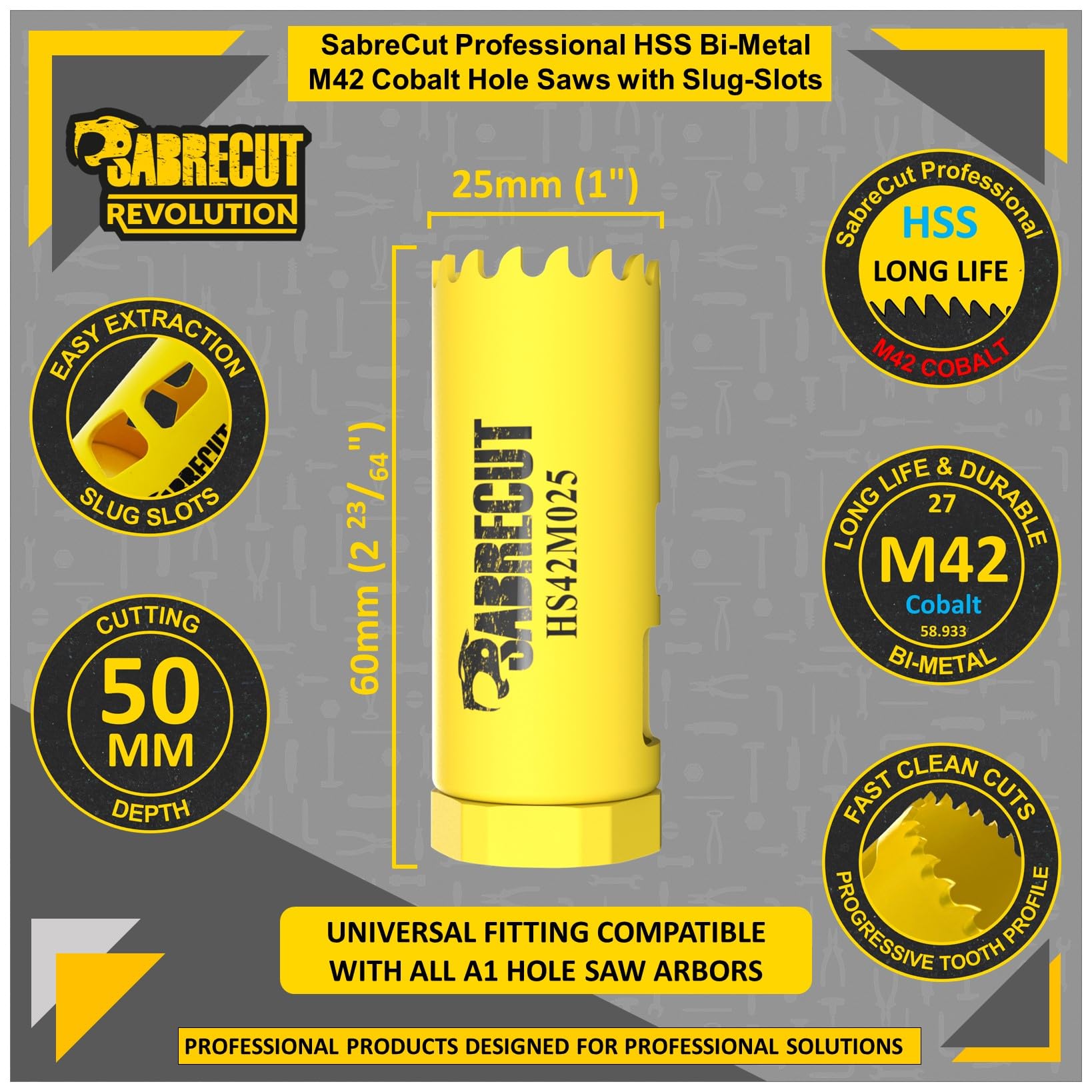 1 x SabreCut HS42M025 25mm High Performance HSS Bi-Metal M42 Cobalt Long Life Hole Saw with Variable Fine Ground Tooth Profile for Cutting Wood Composites Plastic and Sheet Steel - Image 3