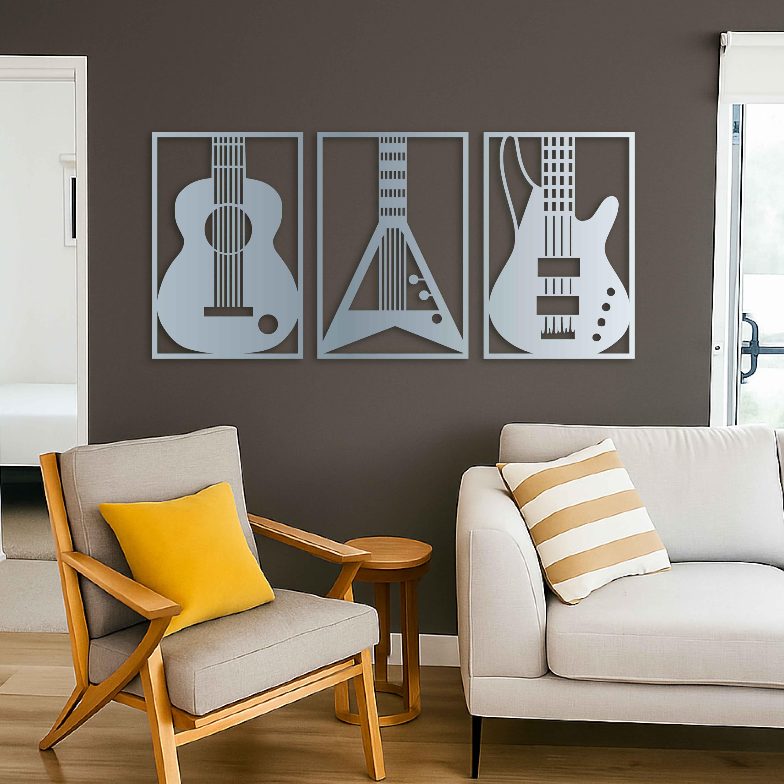 KAWA METALWORKS Decorazione da parete in metallo per la casa, 3 pezzi, decorazione da parete in metallo, moderna decorazione da parete in metallo per gli amanti della musica, regalo per chitarristi