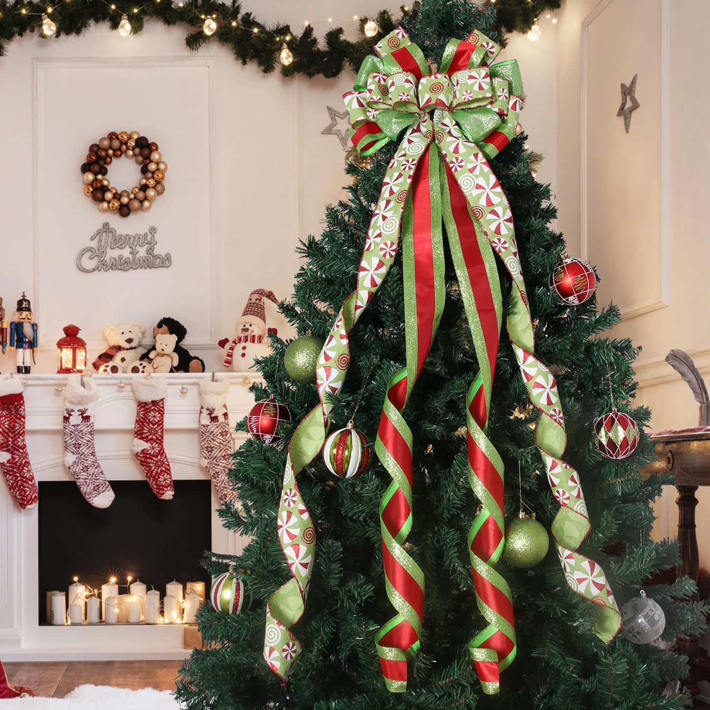 Puntale per albero di Natale, corona con fiocco verde, grande, verde, puntale per albero di Natale, in poliestere, regalo per ornamento di Natale, matrimonio, Ringraziamento, decorazione per interni