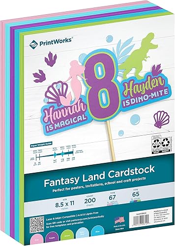 Printworks Cartulina Fantasy Land, 5 colores surtidos, núcleo sólido, 200 hojas, 8.5 x 11 pulgadas (00614)