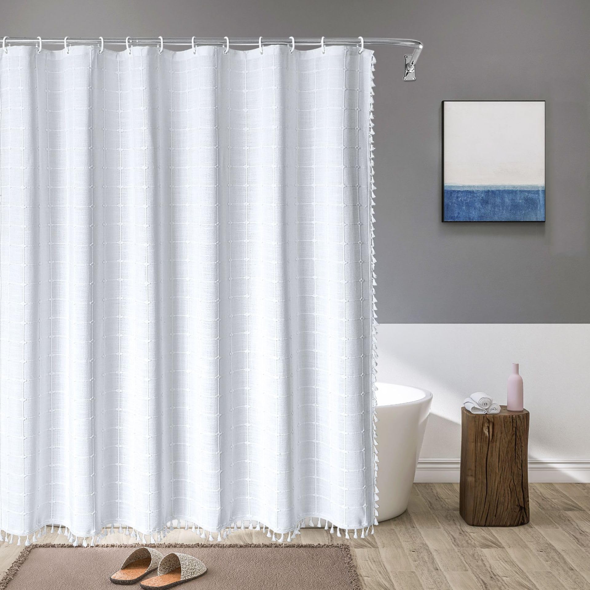 KIZAMI Rideau de Douche à Pompons 183 × 213 cm, Rideau de Douche à Carreaux en Polyester et Lin, Rideau de Douche imperméable, utilisé pour la décoration de Rideau de séparation d'hôtel à la