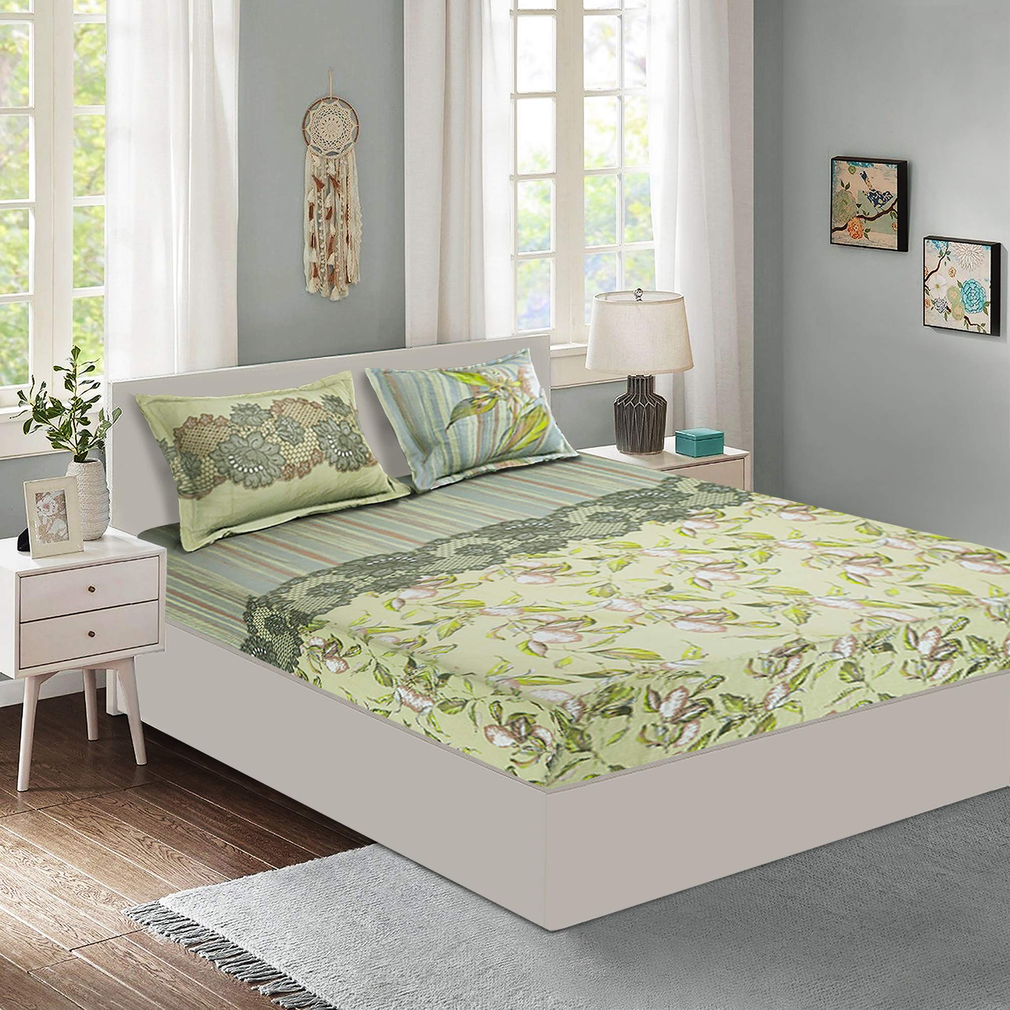 QueenzlivingCharming Leaves 210 TC Cotton King Size Bed Sheet with 2 Co-ordinated Pillow Covers- Green