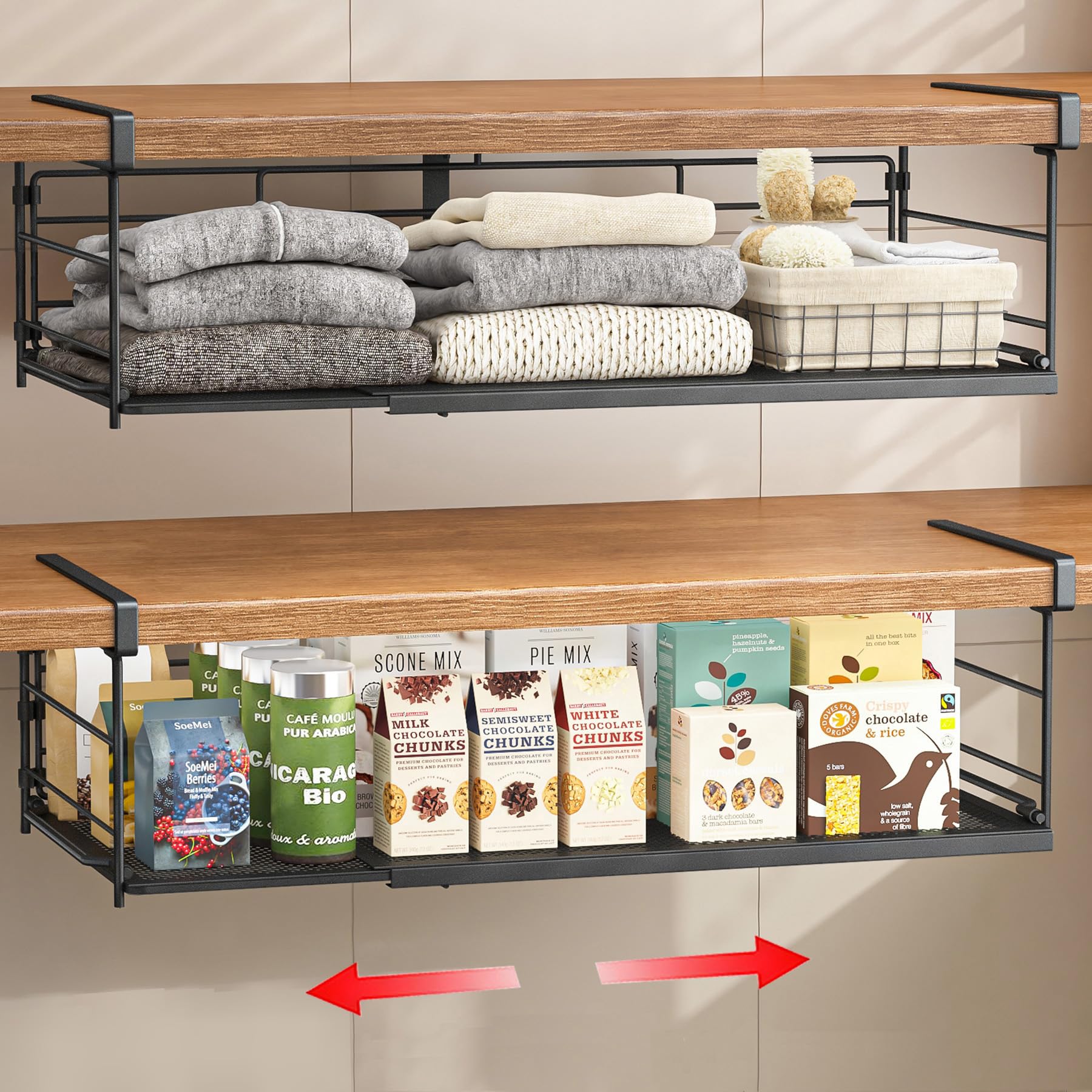 SHINEWON Expandable Under Cabinet Shelf, Extendable Under Shelf Storage with Removable Wire-Like Back for Pantry Cabinet, Laundry Room, Shoe Rack. (