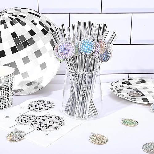 Miniatura 4 de Whaline 50 popotes de papel de bola de disco con purpurina, bola de disco láser, desechables, para decoración de fiesta de discoteca retro, para el