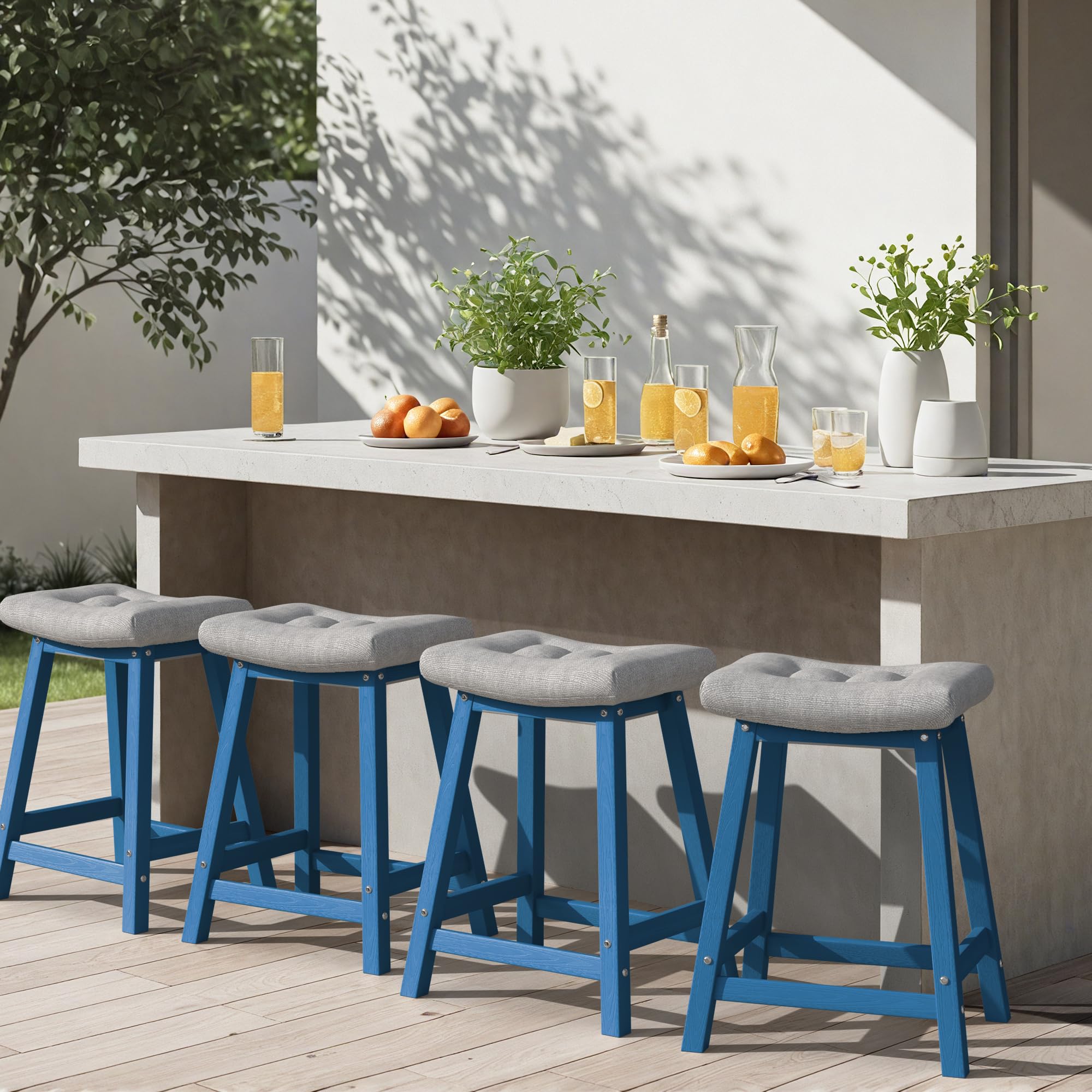 Ciokea 4 Set 24" Outdoor Bar Stools with Cushions, Heavy Duty HDPE Counter Height Bar Stools Weatherproof Patio Seats Modern Waterproof BarStools for Bar Deck Balcony Kitchen Counter Yard, Navy Blue