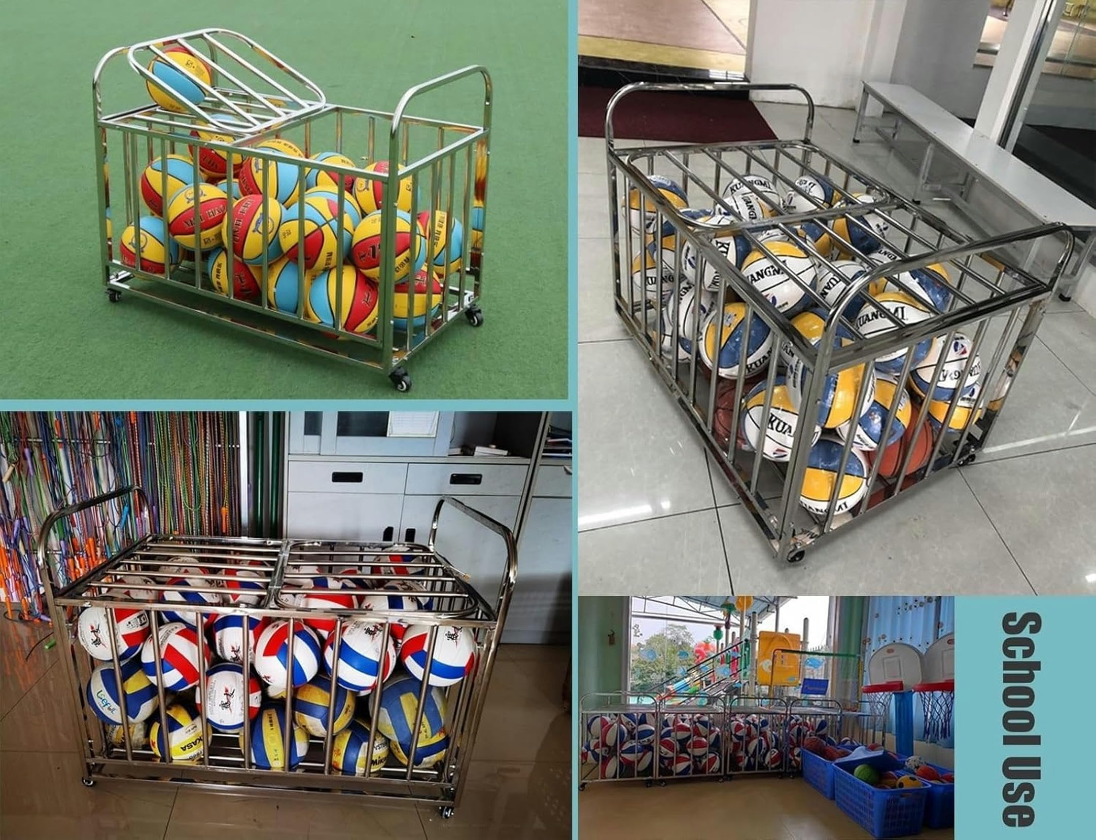 Wózek sportowy ze stali nierdzewnej z kółkami do przechowywania sprzętu outdoorowego, 120 x 80 x 90 cm, wytrzymała piłka gimnastyczna z pokrywką, do dużego sprzętu sportowego