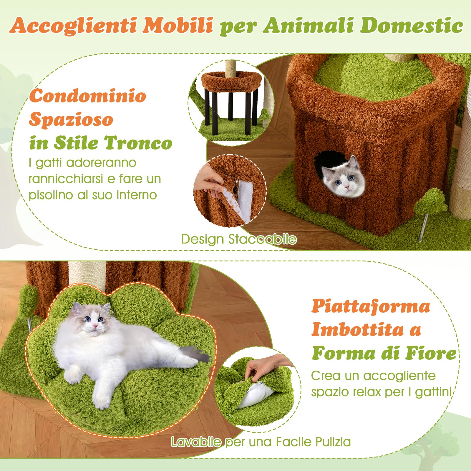 GYMAX Torre Albero per Gatti da Interno, Gioco Multi-Livello per Animali con Piattaforma, Condominio, Tavolette per Graffiare a Petalo, Pali Graffianti in Sisal, Palline Pendenti