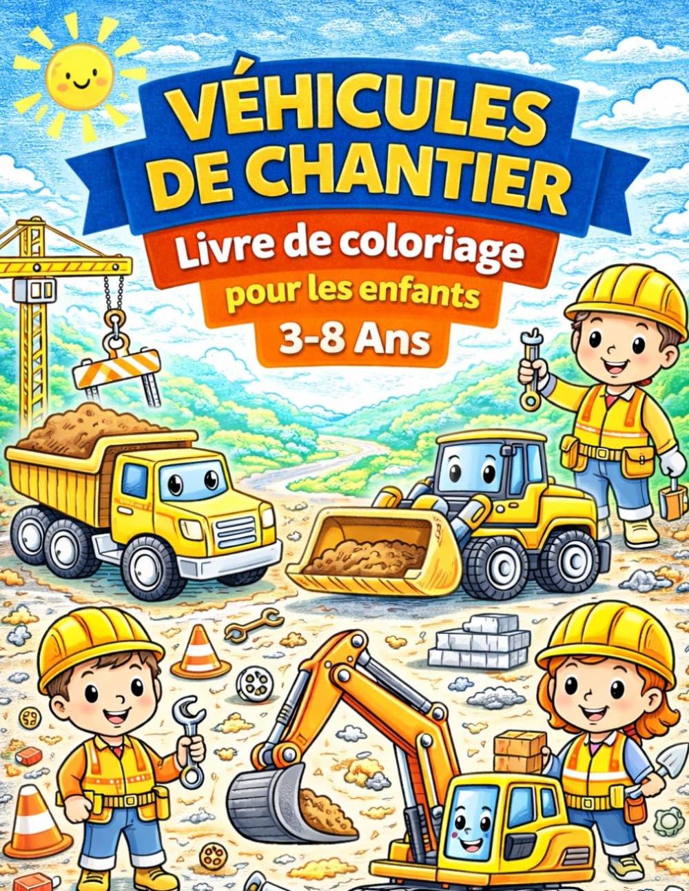 Véhicules de Chantier – Livre de Coloriage pour Enfants de 3 à 8 Ans: 40 dessins amusants à colorier et à tracer – Camions, grues, bulldozers et ... pour développer la créativité et la motricité