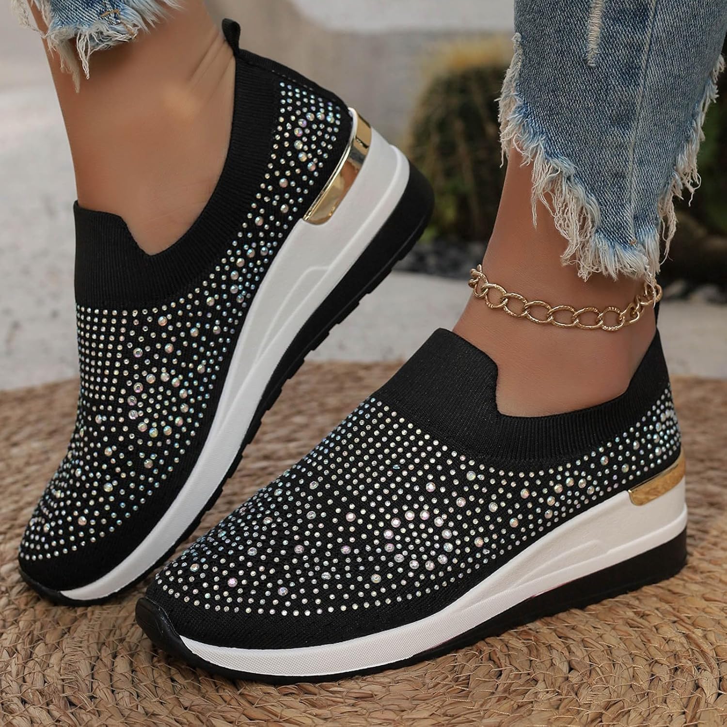 Scarpe da ginnastica da donna con zeppa e strass, alla moda, traspiranti, casual, con zeppa e strass, scarpe da ginnastica con zeppa scintillante