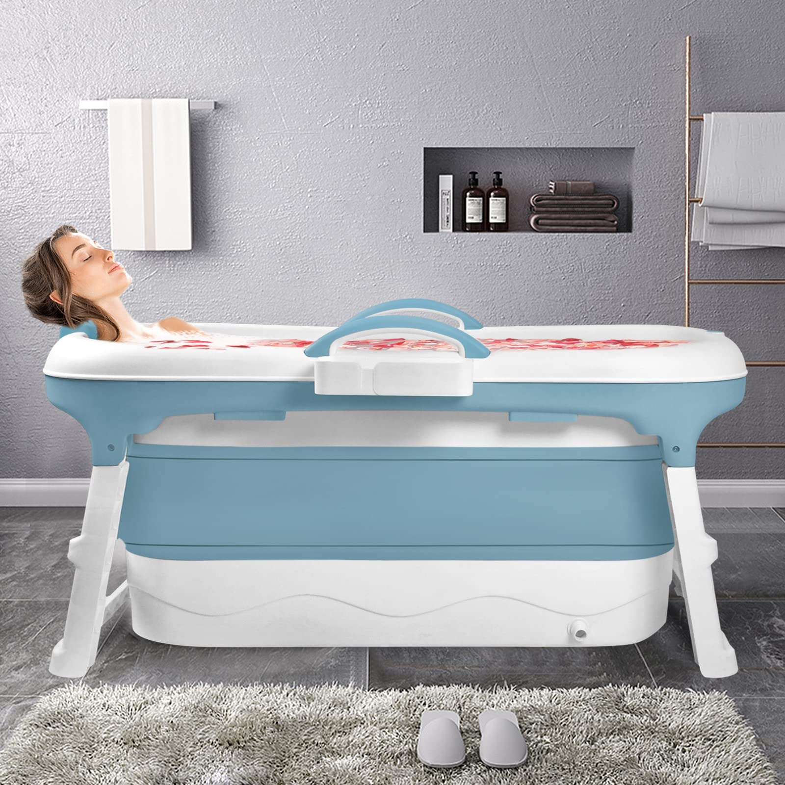 UISEBRT Składana wanna dla dorosłych, L, składana, 118 x 62 x 53 cm, przenośna, składana wanna ze zdejmowaną pokrywą, kosz na mydło, idealna do małej łazienki, niebieska