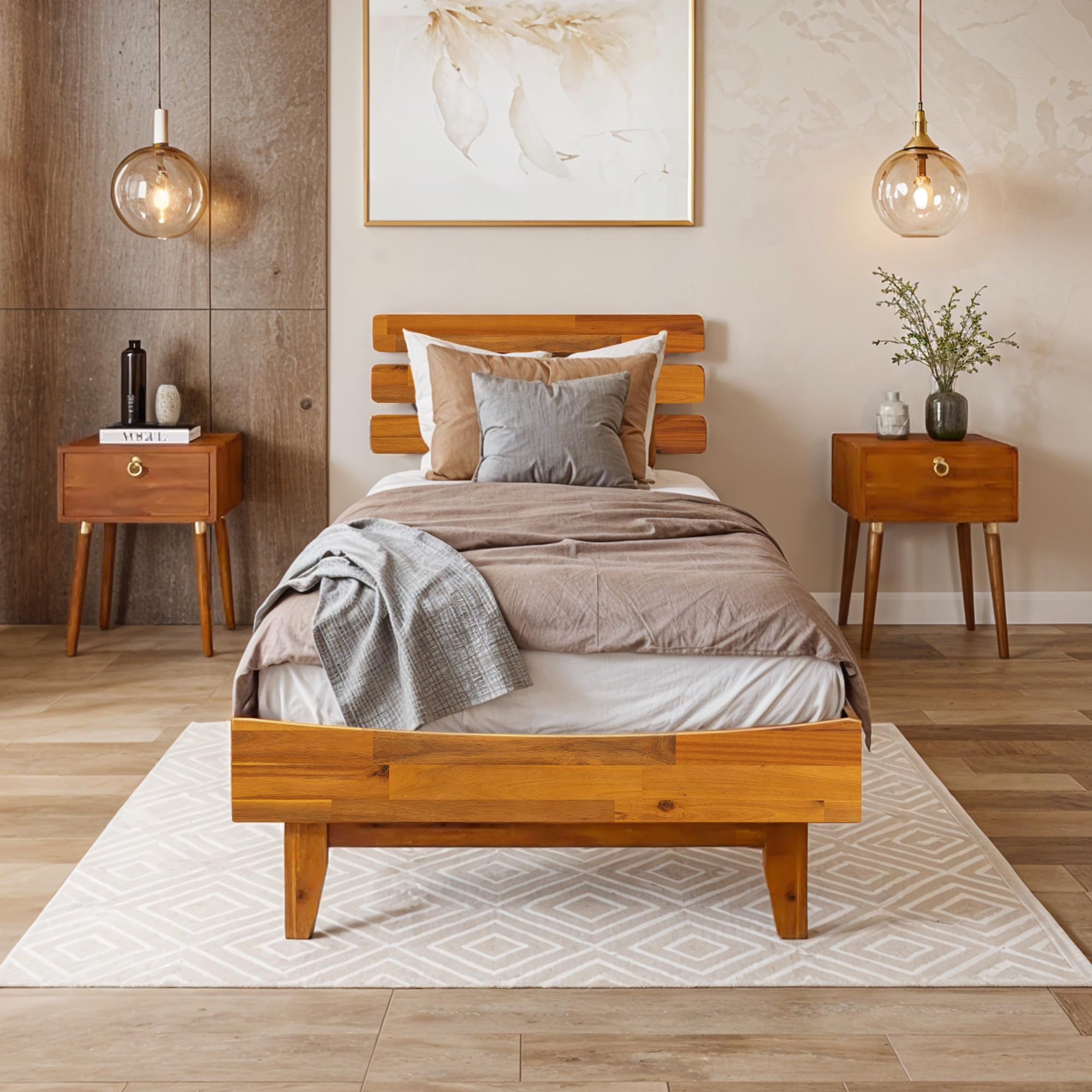 Bme Caden 15 Inch Bed Frame with Adjustable Headboard - Mid Century, Retro Style with Acacia Wood - No Box Spring Needed - 12 Strong Wood Slat Support