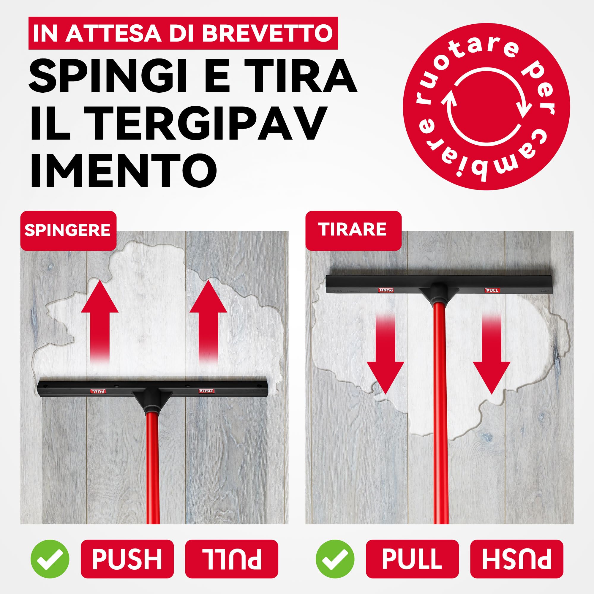 Tyroler Spingere e Tirare Tira Acqua Pavimenti esterno da 44 cm | Testa in Gomma 100% | Manico Antiruggine da 140 cm tergipavimento spingiacqua | tiraacqua pavimenti esterni | tiracqua per pavimento