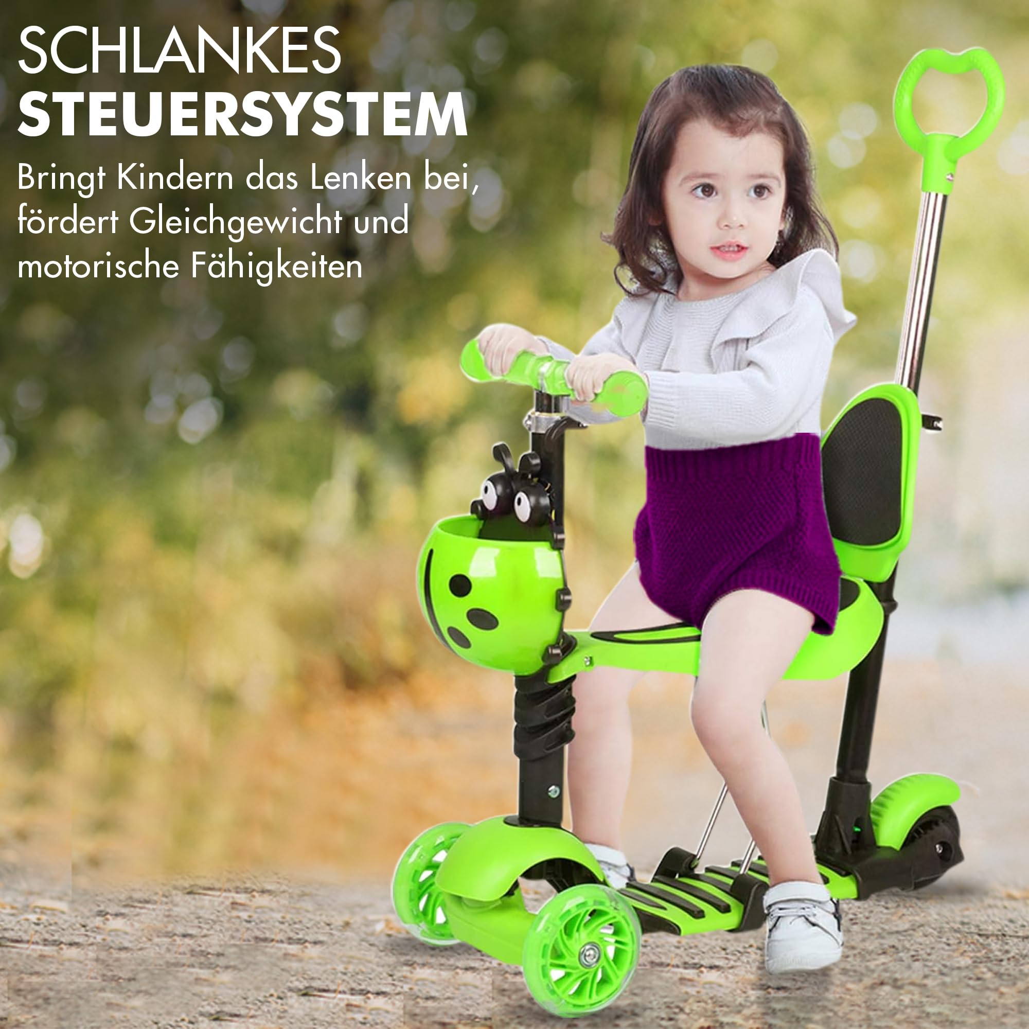 Habib 5-in-1 Kinderroller mit Rückenlehne für Jungen und Mädchen - Abnehmbarer Sitz, LED-Räder, Höheverstellbarer Lenker, Tretroller - Kinder Roller Outdoor Spiel, für 2-8 Jahre Kinder