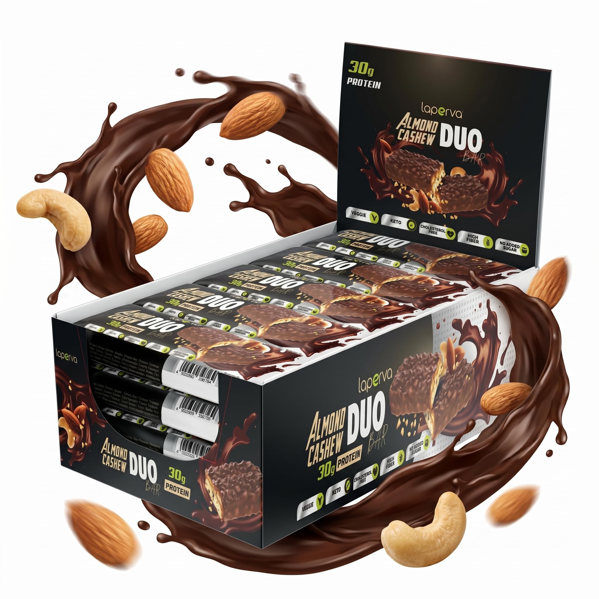 Laperva Barre Protéinée Amande & Noix de Cajou, 33% Protéines, Snack Healthy Végétarien, Keto Friendly, Faible en Sucre, Riche en Fibres, Coupe-Faim, Énergie et Contrôle du Poids, Lot de (18 Barres)