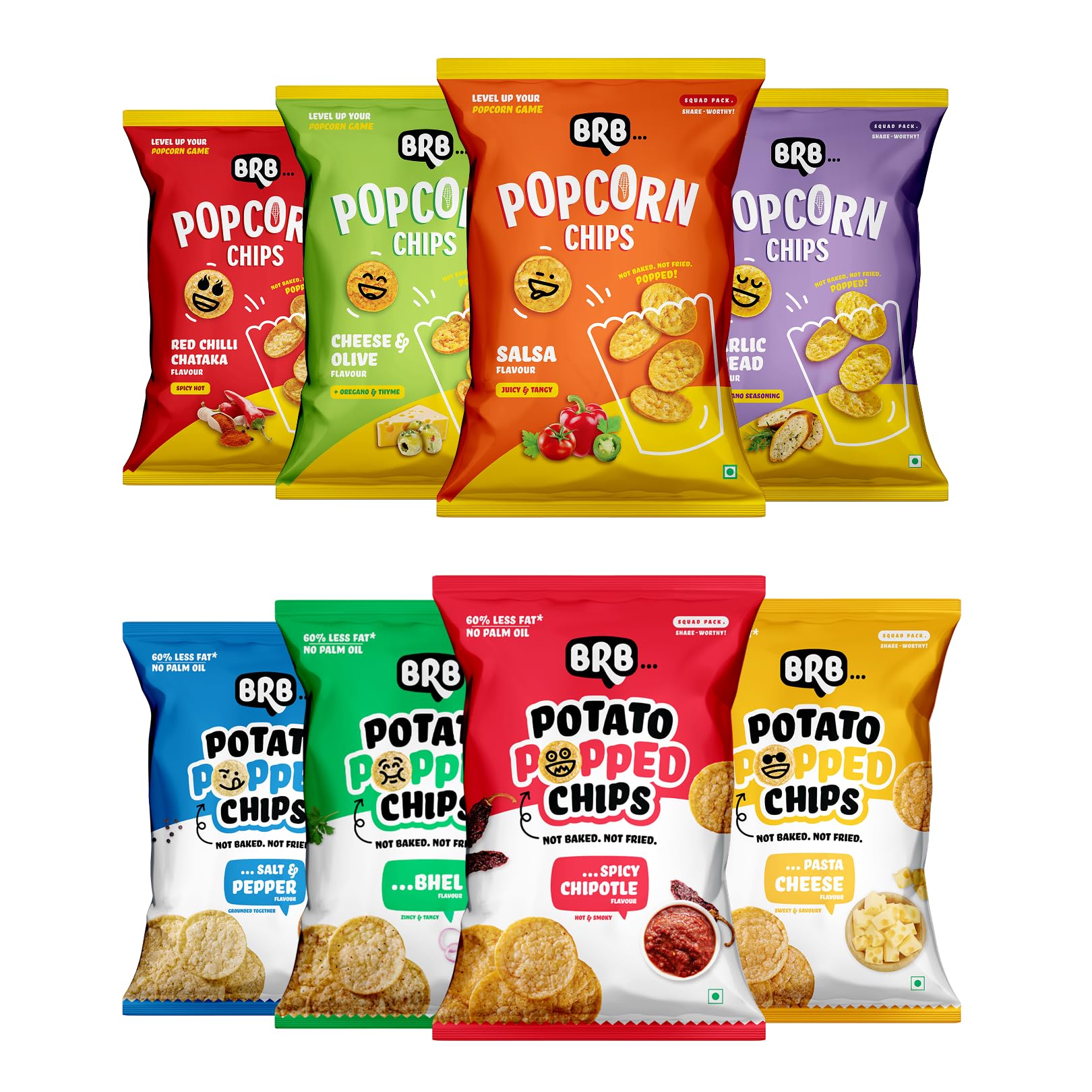 BRB Popped Chips | Variety Pack - 8 Flavours | Potato & Corn Popped Chips | Not Fried, Not Baked | 60% Less Oil, No Palm Oil, Healthy Snack | 8 x (48g/51g) Combo Pack (weight may vary)