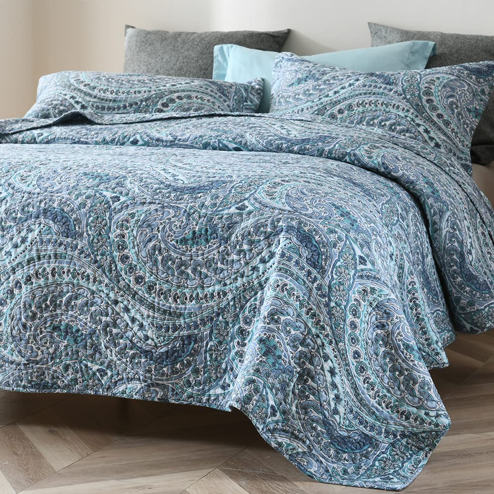ENASAL Tagesdecke Bettdecke aus Baumwolle 220x240cm, Bettüberwurf 230x250cm für Doppelbett mit Blauen Paisley Blumen, Ganzjahresdecke Gesteppte Decke Steppdecke mit 2 Kissenbezug