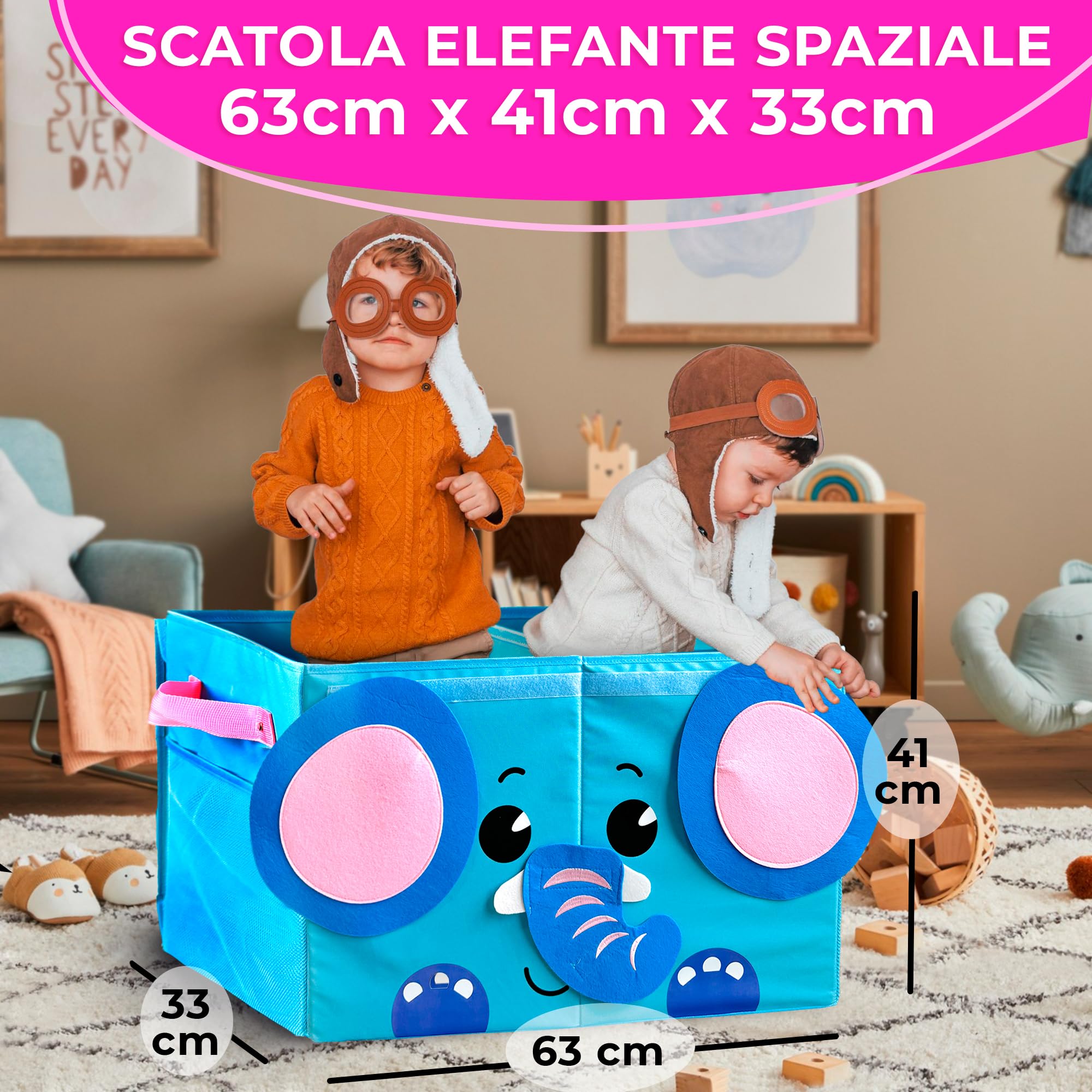 QUOKKA Katabird Toy Storage Box for Boys and Girls - Organizador de juguetes para niños (16 x 12 x 8 cm, plegable, asas, tapa abatible), diseño plegable (Elefante, Grande)