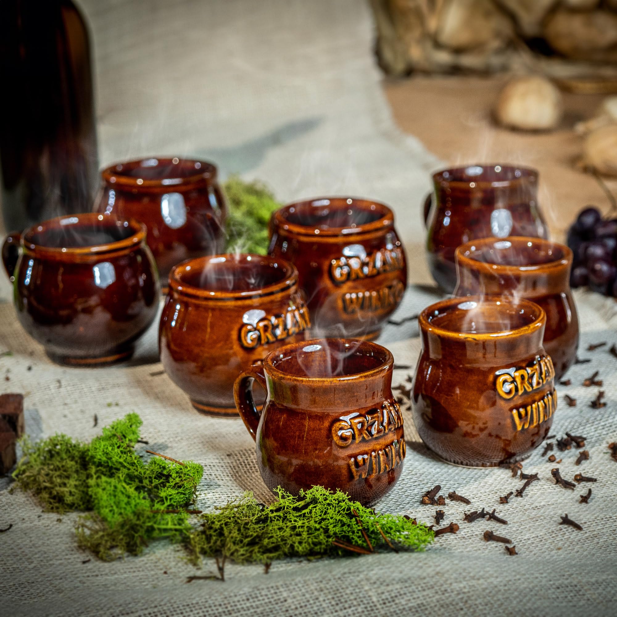 KADAX Juego de 4 vasos de barro, 300 ml, tazas de cerámica con asa para vino caliente, hidromiel y té, taza de cerámica hecha a mano, taza de Navidad, taza de vino caliente de arcilla