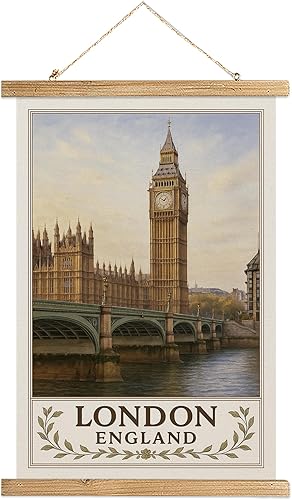 Miniatura 1 de Póster de pared de Londres Inglaterra, impresión vintage de viaje del Big Ben y el Parlamento, rollo colgante de lienzo de lino con marco de madera,
