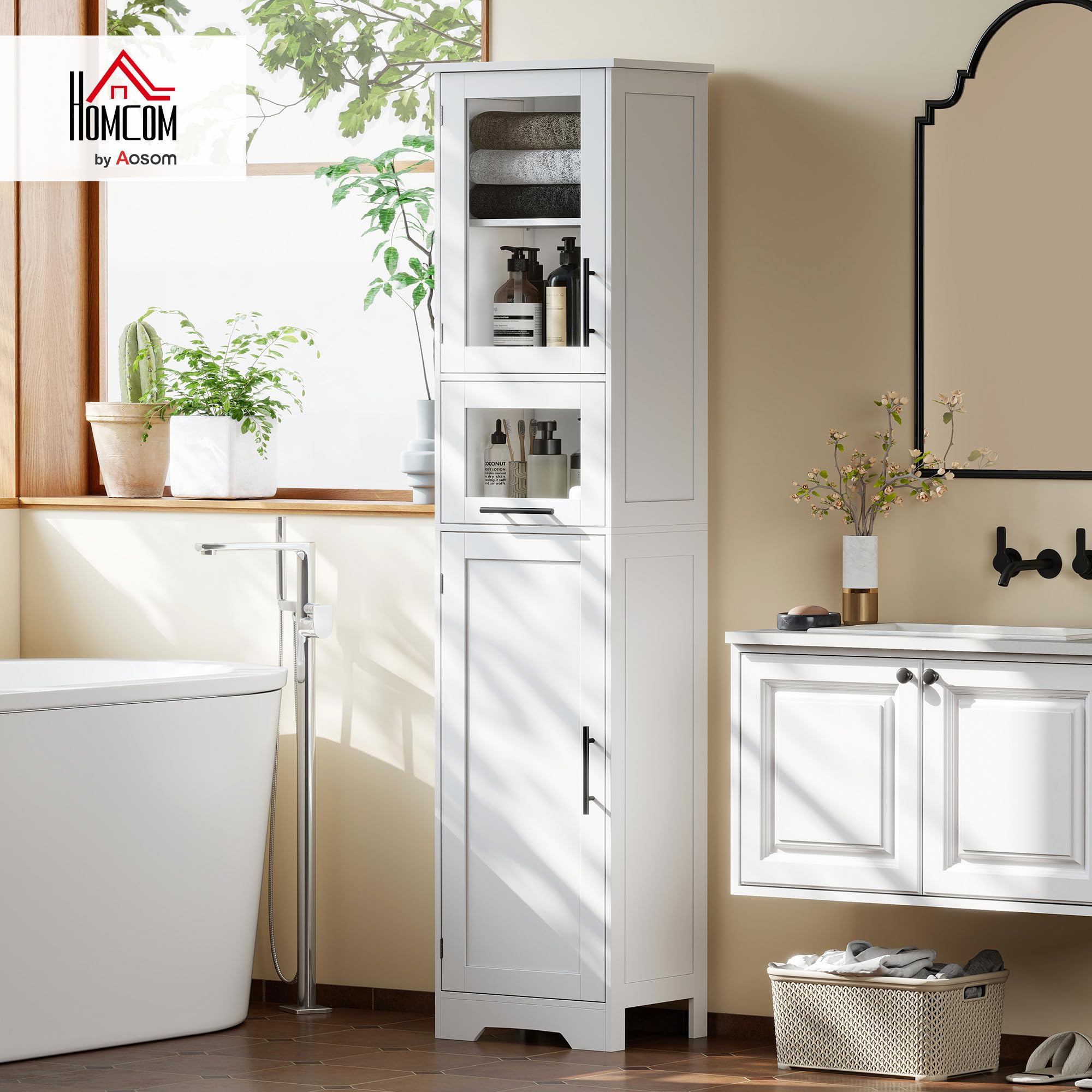 HOMCOM Armario de Baño Alto de Pie con Puerta Vidrio 40x31x170 cm Blanco | Mueble Auxiliar de Baño, Estantes Ajustables, Cajón, Columna Estrecha para Espacios Pequeños