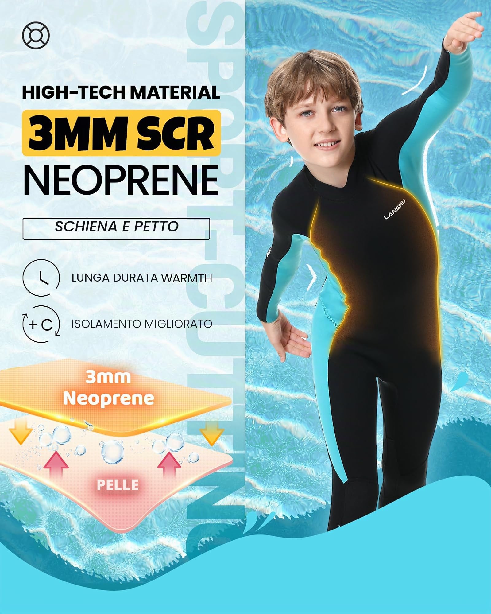 Muta in neoprene per bambini – 2,5 mm SCR, tuta corta sicura con protezione UV, cerniera anteriore obliqua, mantiene gli adolescenti caldi in acqua fredda
